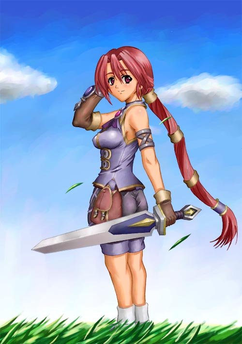 monica (dark chronicle), dark chronicle, level-5, 1girl, ass, breasts, brown eyes, cloud, day, female focus, grass, holding, holding sword, holding weapon, long hair, looking at viewer, looking back, multi-tied hair, red hair, sky, solo, sword, very long hair, weapon, wind