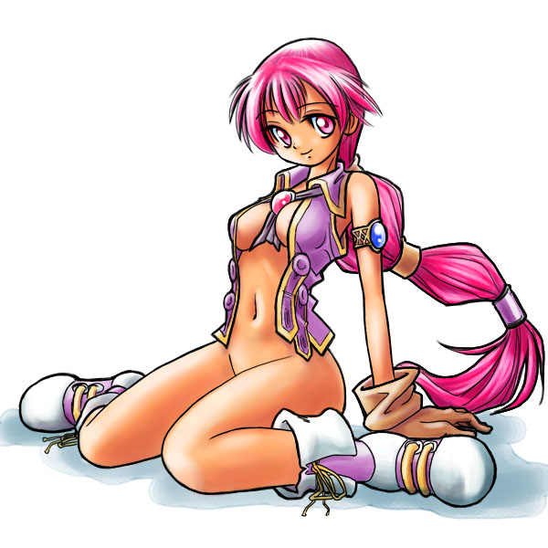 monica (dark chronicle), dark chronicle, level-5, 1girl, armlet, bottomless, breasts, female focus, gloves, hair tubes, jewelry, long hair, multi-tied hair, no panties, open clothes, open shirt, pink eyes, pink hair, purple eyes, purple hair, shirt, solo