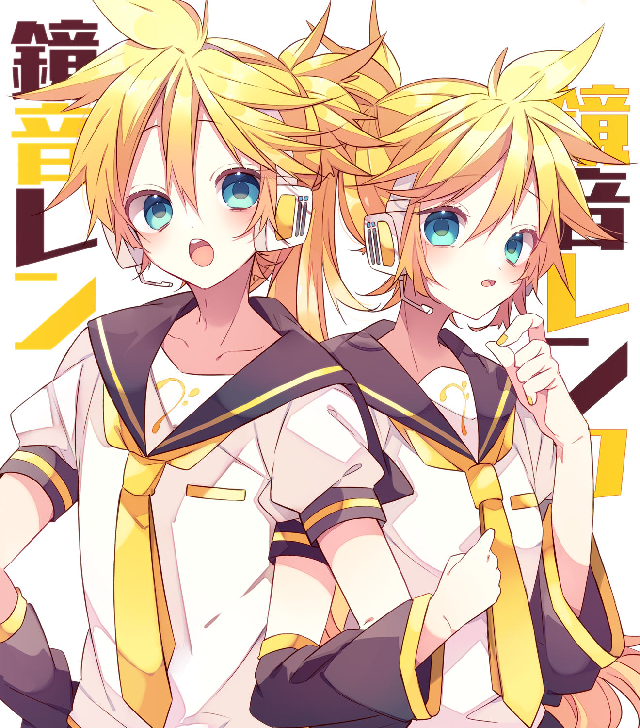 kaho 0102, kagamine len, kagamine lenka, vocaloid, commentary request, highres, translated, 1boy, 1girl, arm warmers, bass clef, black sailor collar, blonde hair, blush, character name, collarbone, double-parted bangs, hair between eyes, hand on own hip, headset, locked arms, long hair, looking at viewer, necktie, open mouth, ponytail, sailor collar, short hair, short sleeves, simple background, upper body, white background, yellow necktie