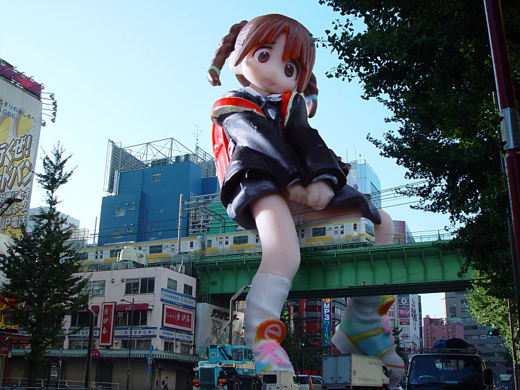 kimura yoshinobu, shinyokohama arina, watashi no oniichan, photo (medium), third-party edit, 1girl, akihabara (tokyo), brown eyes, female focus, figure, giant, giantess, long sleeves, real world location, sky, solo, tokyo (city), train