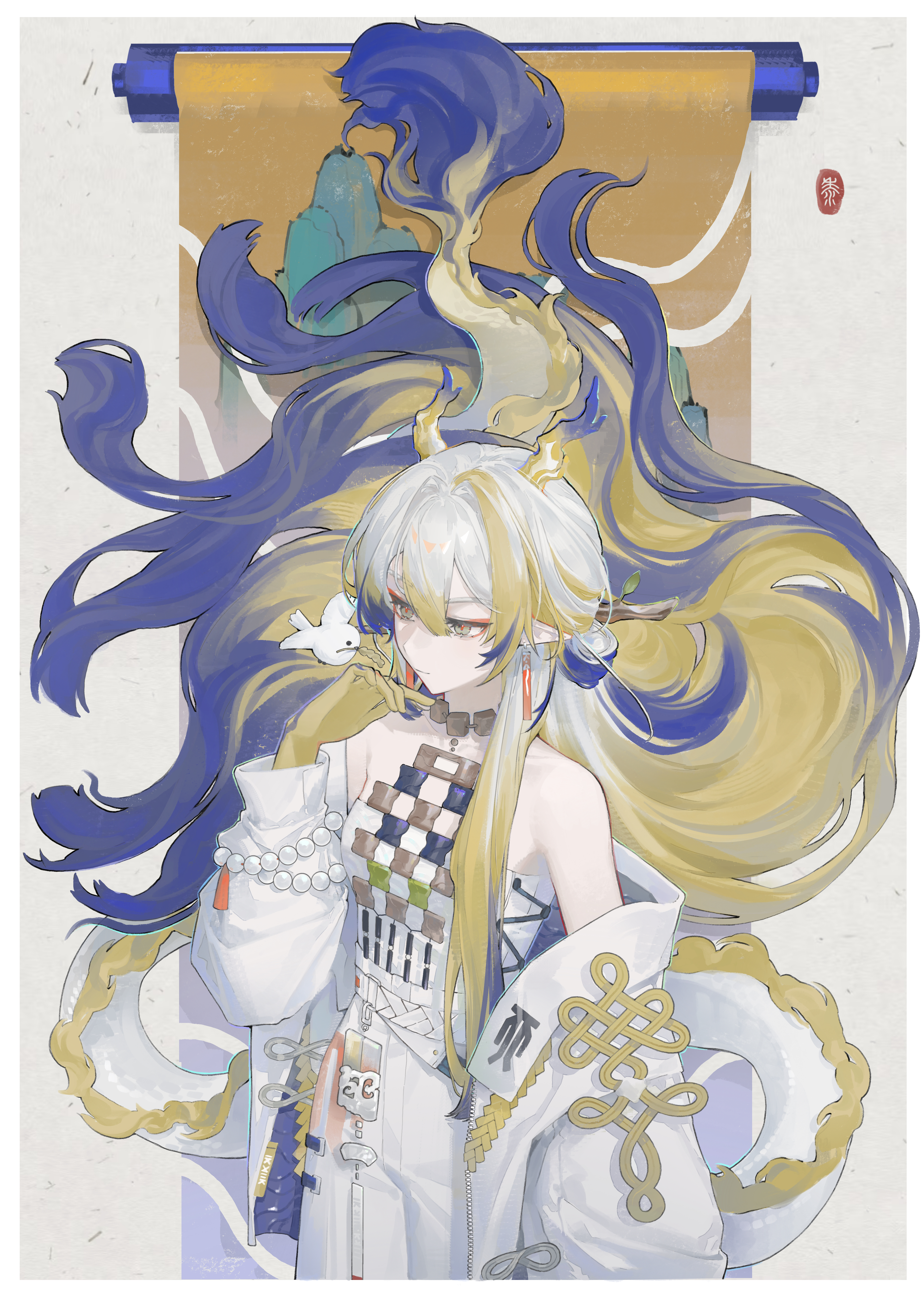 shu (arknights), arknights, absurdres, chinese commentary, commentary, highres, animal, bare shoulders, beads, belt, bird, blonde hair, closed mouth, colored extremities, cowboy shot, dragon girl, dragon horns, dragon tail, earrings, floating hair, green eyes, hair between eyes, hair intakes, hand up, horns, jacket, jewelry, lihua (azhen), long hair, long sleeves, multicolored hair, necklace, off shoulder, pointy ears, purple hair, solo, standing, strapless, tail, tube top, very long hair, white belt, white bird, white hair, white jacket, white tube top, zipper