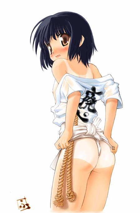 1girl, ass, black hair, blush, brown eyes, female focus, flat ass, flat chest, fundoshi, japanese clothes, looking back, mizu happi, one-piece tan, short hair, simple background, solo, tan, tanline, white background