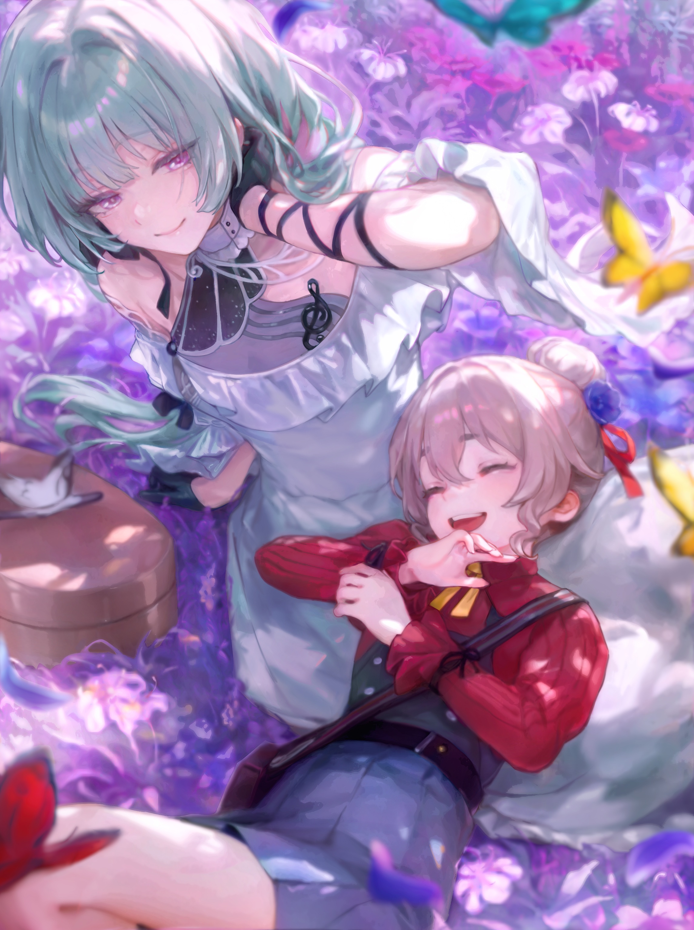 bibimbub, phrolova (wuthering waves), triss (wuthering waves), wuthering waves, absurdres, commentary, hashtag-only commentary, highres, 2girls, bare shoulders, black gloves, black overalls, brown hair, bug, butterfly, closed mouth, dress, from above, gloves, grey hair, hair bun, hand up, hands up, insect, laughing, long hair, looking at another, multiple girls, musical note ornament, official alternate costume, open mouth, overall skirt, overalls, purple eyes, red shirt, shirt, single hair bun, sitting, smile, very long hair, white dress, yellow butterfly
