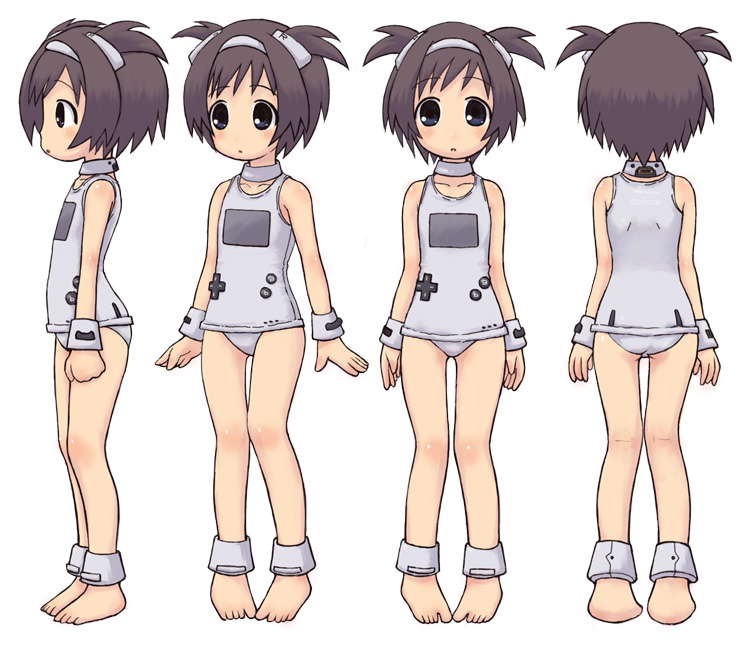 game boy-tan, nintendo, 1girl, ankle cuffs, black hair, blue eyes, blush, buttons, child, collarbone, full body, game boy, game boy (original), grey one-piece swimsuit, hair ornament, hairband, handheld game console, looking at viewer, multiple views, one-piece swimsuit, open mouth, personification, product girl, short hair, simple background, standing, swimsuit, thigh gap, thighs, twintails, white background, wrist cuffs