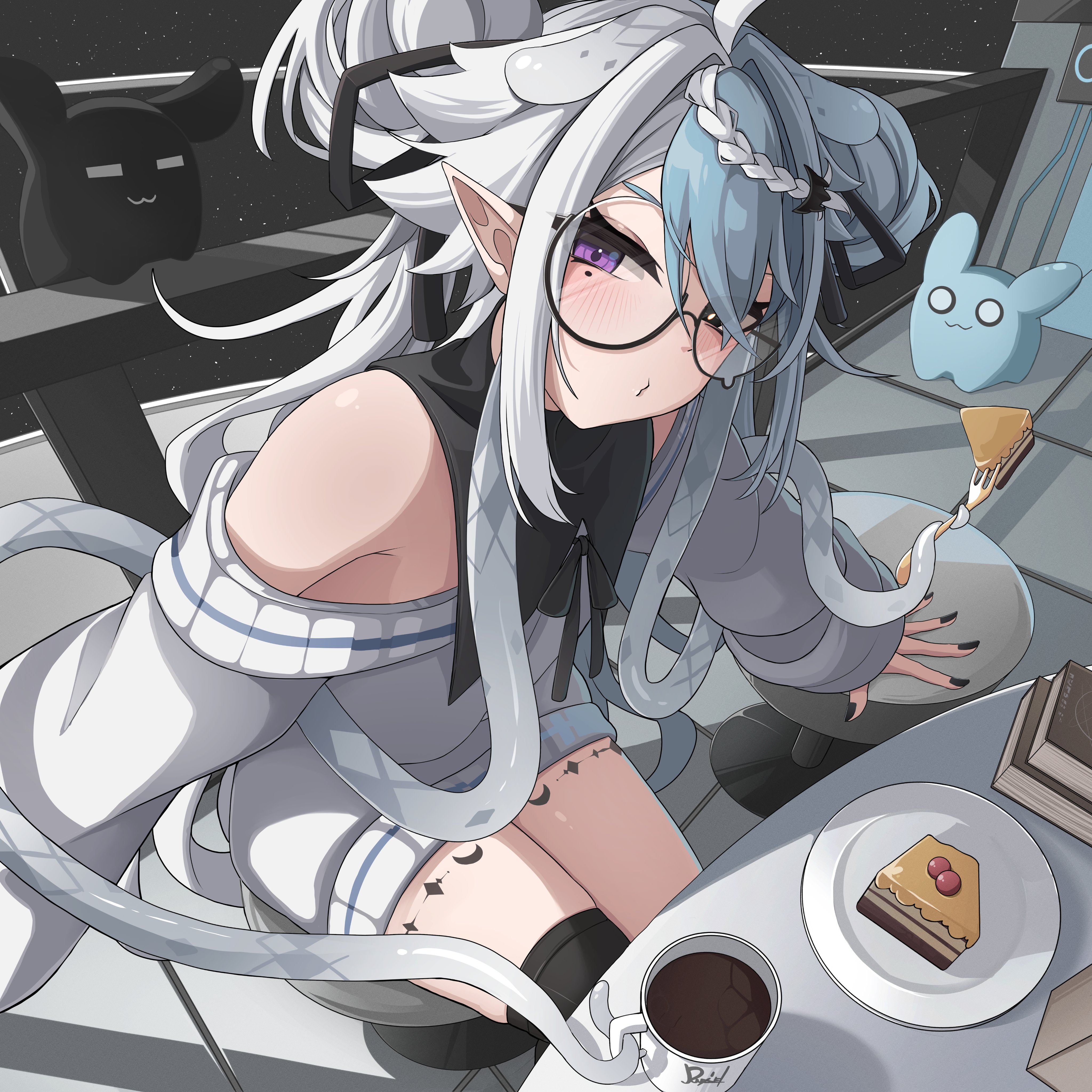 ruciel, aquwa, indie virtual youtuber, absurdres, highres, 1girl, bare shoulders, black eyes, black nails, blue hair, cake, cake slice, coffee, coffee mug, cup, double bun, food, glasses, hair bun, heterochromia, mole, mole under eye, mug, multicolored hair, nail polish, o3o, off-shoulder jacket, off shoulder, pointy ears, purple eyes, round eyewear, space, tentacle hair, thighs, two side up, virtual youtuber, white hair