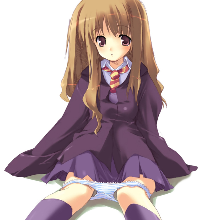 shiranagi masa, hermione granger, harry potter (series), wizarding world, 1girl, black socks, blue panties, brown eyes, brown hair, dress shirt, female focus, jacket, kneehighs, lace, lace-trimmed panties, lace trim, long hair, miniskirt, necktie, panties, panty pull, school uniform, serafuku, shirt, sitting, skirt, socks, solo, striped clothes, striped panties, sweater vest, underwear, vest