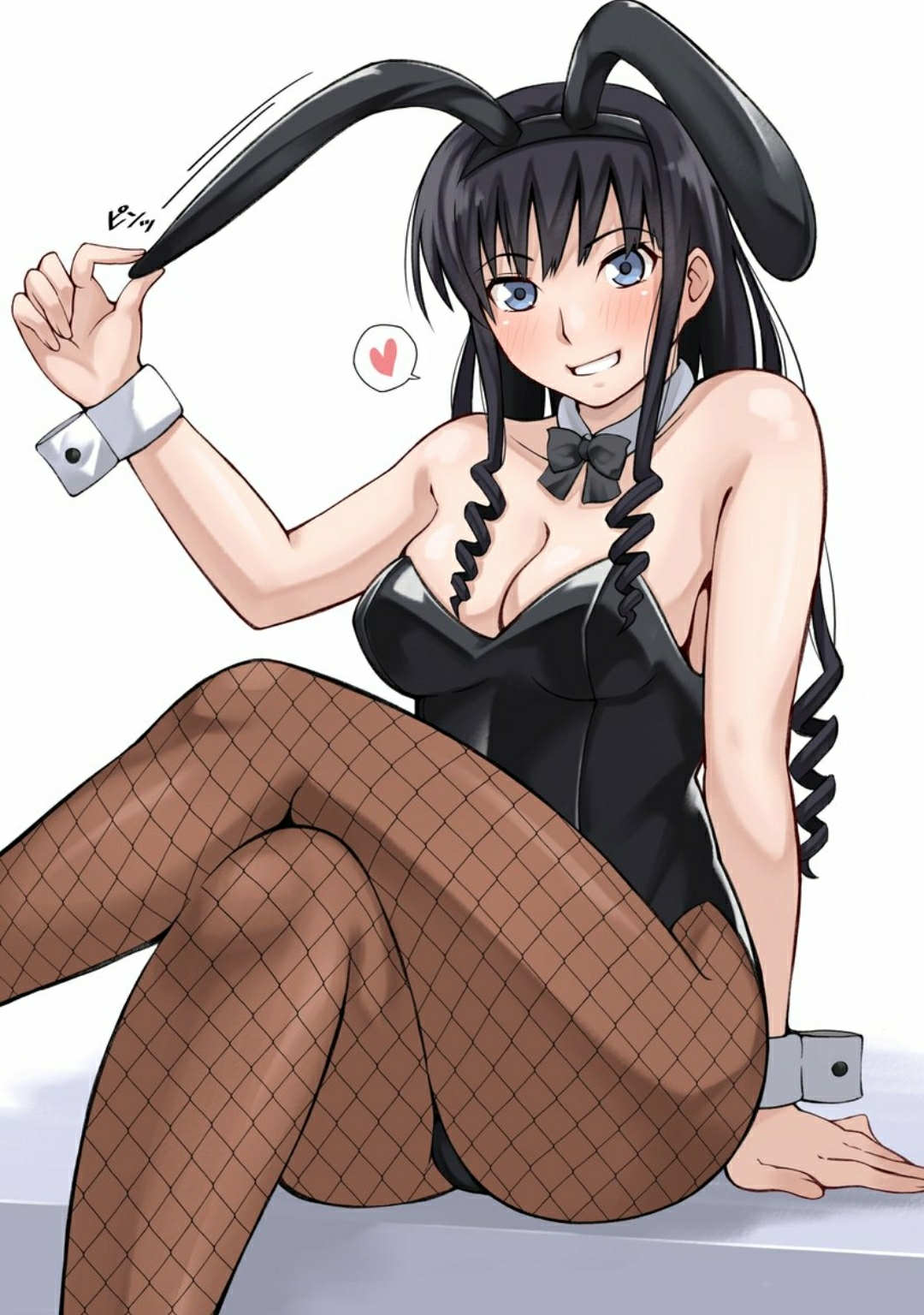 jishaku (user rcuz2843), morishima haruka, amagami, commentary, highres, 1girl, alternate costume, animal ears, bare shoulders, black bow, black bowtie, black hair, black hairband, black leotard, blue eyes, blush, bow, bowtie, breasts, brown pantyhose, bunny day, cleavage, clenched teeth, collarbone, crossed legs, curly hair, detached collar, drill hair, fake animal ears, feet out of frame, fishnet pantyhose, fishnets, hairband, hand on own ear, hand up, heart, highleg, highleg leotard, leotard, long hair, looking at viewer, medium breasts, pantyhose, playboy bunny, pulling own ear, rabbit ears, simple background, sitting, smile, solo, spoken heart, strapless, strapless leotard, teeth, thighs, white background, white wrist cuffs, wrist cuffs