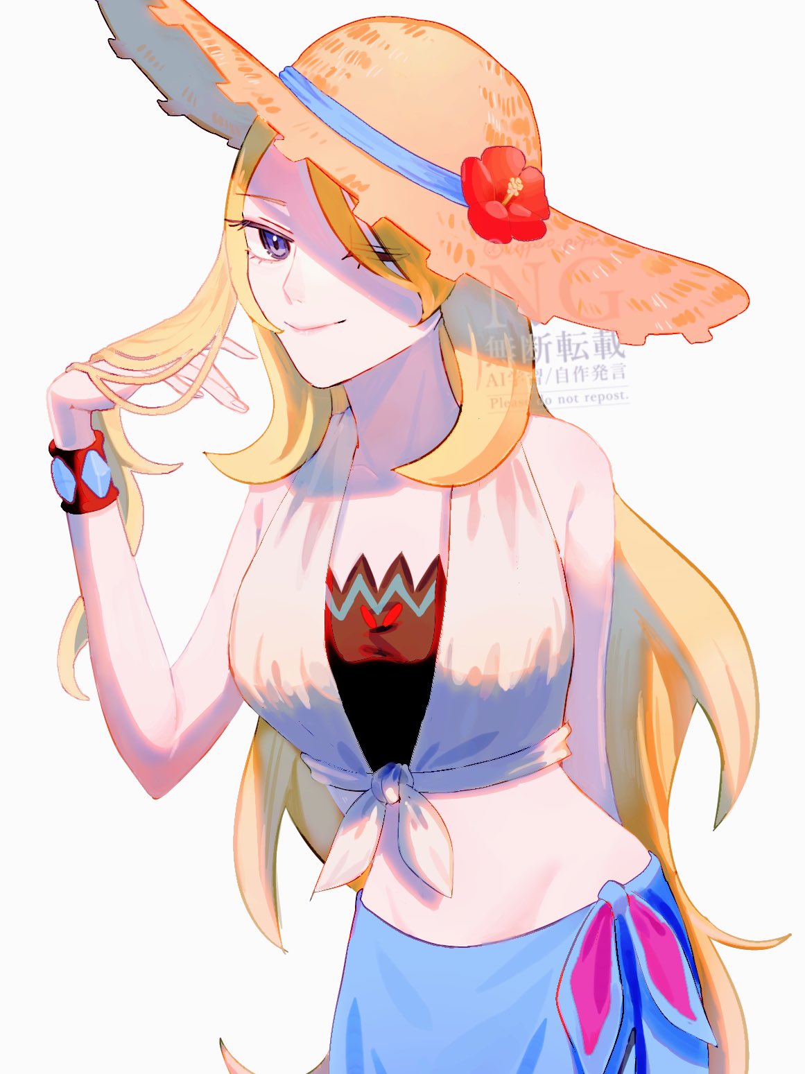 woppero prpr, cynthia (pokemon), cynthia (summer 2025) (pokemon), nintendo, pokemon, pokemon masters ex, commentary request, highres, 1girl, blonde hair, blue sarong, bracelet, closed mouth, curly hair, eyelashes, flower, grey eyes, hair over one eye, hand up, hat, hat flower, jewelry, long hair, official alternate costume, red flower, sarong, simple background, smile, solo, sun hat, white background