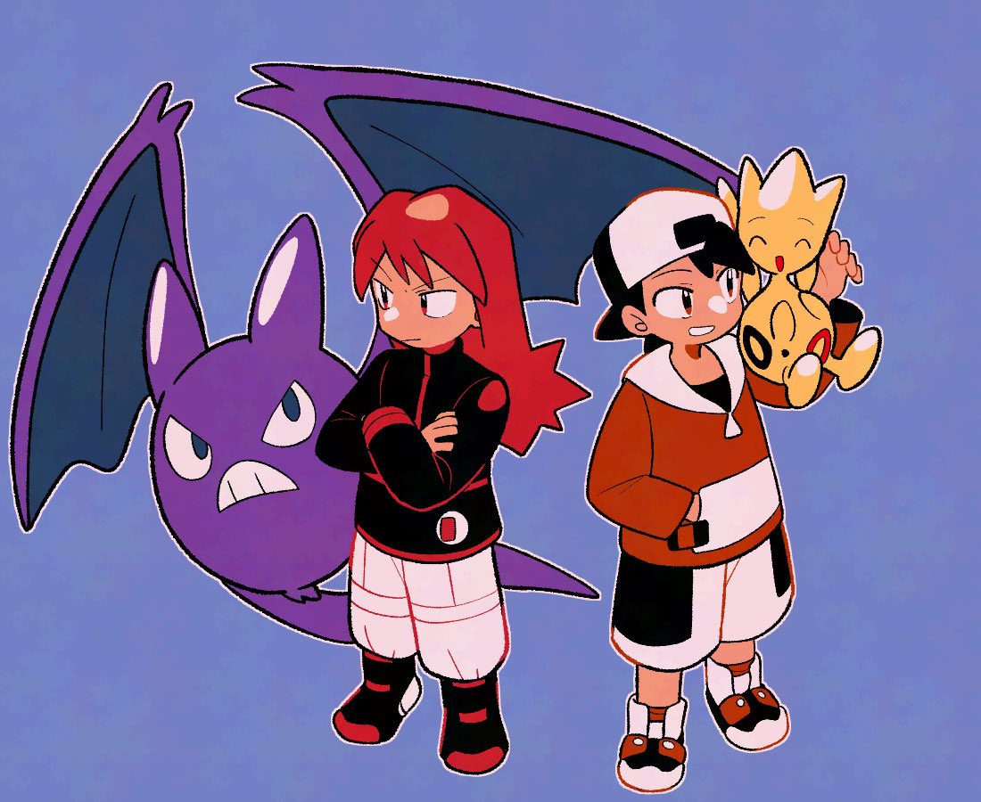 tyako 089, crobat, ethan (pokemon), silver (pokemon), togetic, nintendo, pokemon, pokemon gsc, 2boys, black boots, black hair, black jacket, boots, closed mouth, crossed arms, gen 2 pokemon, grin, hand in pocket, hand up, jacket, long hair, male focus, multiple boys, outline, pants, pokemon (creature), red hair, short hair, shorts, smile, standing, teeth