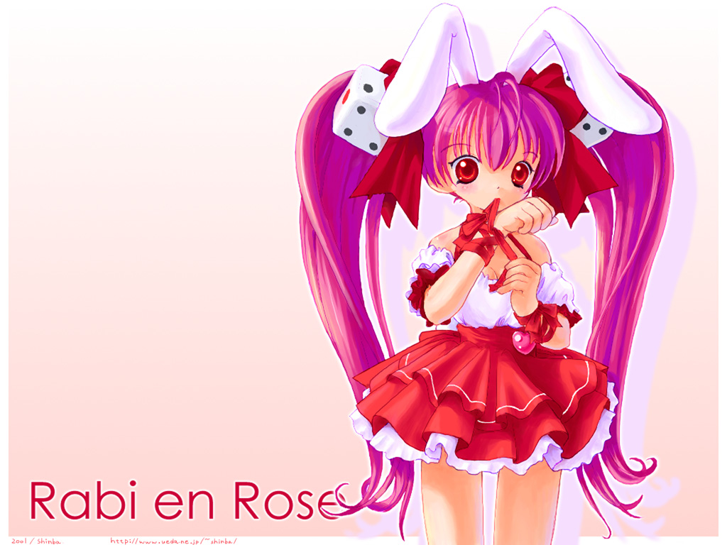 usada hikaru, di gi charat, 1girl, animal ears, bare shoulders, character name, dice, female focus, long hair, mouth hold, pink background, pink hair, pink theme, rabbit ears, red eyes, red skirt, ribbon, ribbon in mouth, skirt, solo, twintails