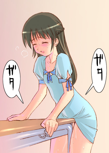 original, 1girl, blush, brown hair, closed eyes, clothed masturbation, clothes lift, crotch rub, dress, dress lift, female focus, female masturbation, long hair, masturbation, solo, sweat, table, table humping
