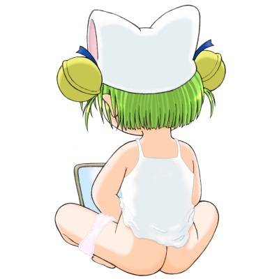 dejiko, di gi charat, artist request, lowres, 1girl, animal ears, ass, bottomless, camisole, cat ears, computer, facing away, female focus, female masturbation, from behind, implied masturbation, laptop, loli, masturbation, mirror, panties, panties around leg, panty pull, sitting, solo, underwear, white panties
