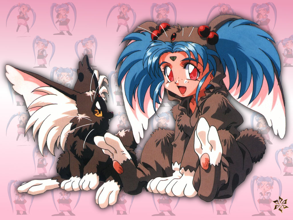 kajishima masaki, masaki sasami jurai, ryou-ouki, tenchi muyou!, 1990s (style), 1girl, blue hair, facial mark, female focus, forehead mark, freckles, pink eyes, retro artstyle, solo, tail