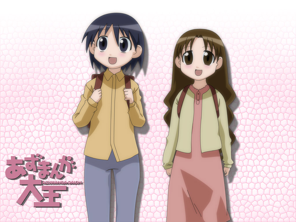 miruchi (azumanga daiou), yuka (azumanga daiou), azumanga daiou, 2girls, backpack, bag, blue eyes, blue hair, blush, brown eyes, brown hair, dress, happy, jacket, long hair, multiple girls, randoseru, short hair, very long hair