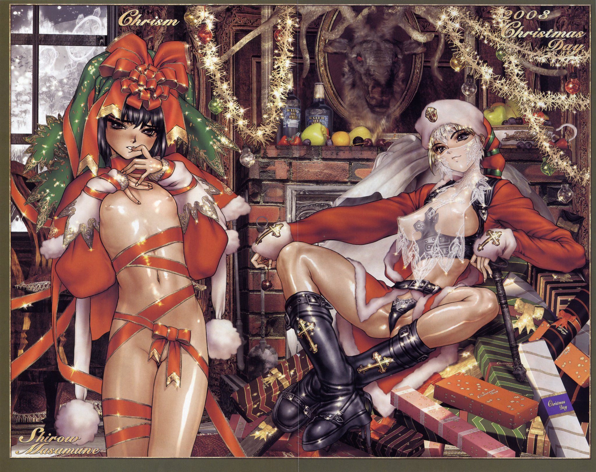 shirou masamune, highres, boots, breasts, christmas, covered erect nipples, flat chest, gift, knee boots, midriff, naked ribbon, navel, ribbon, snow, snowing, window