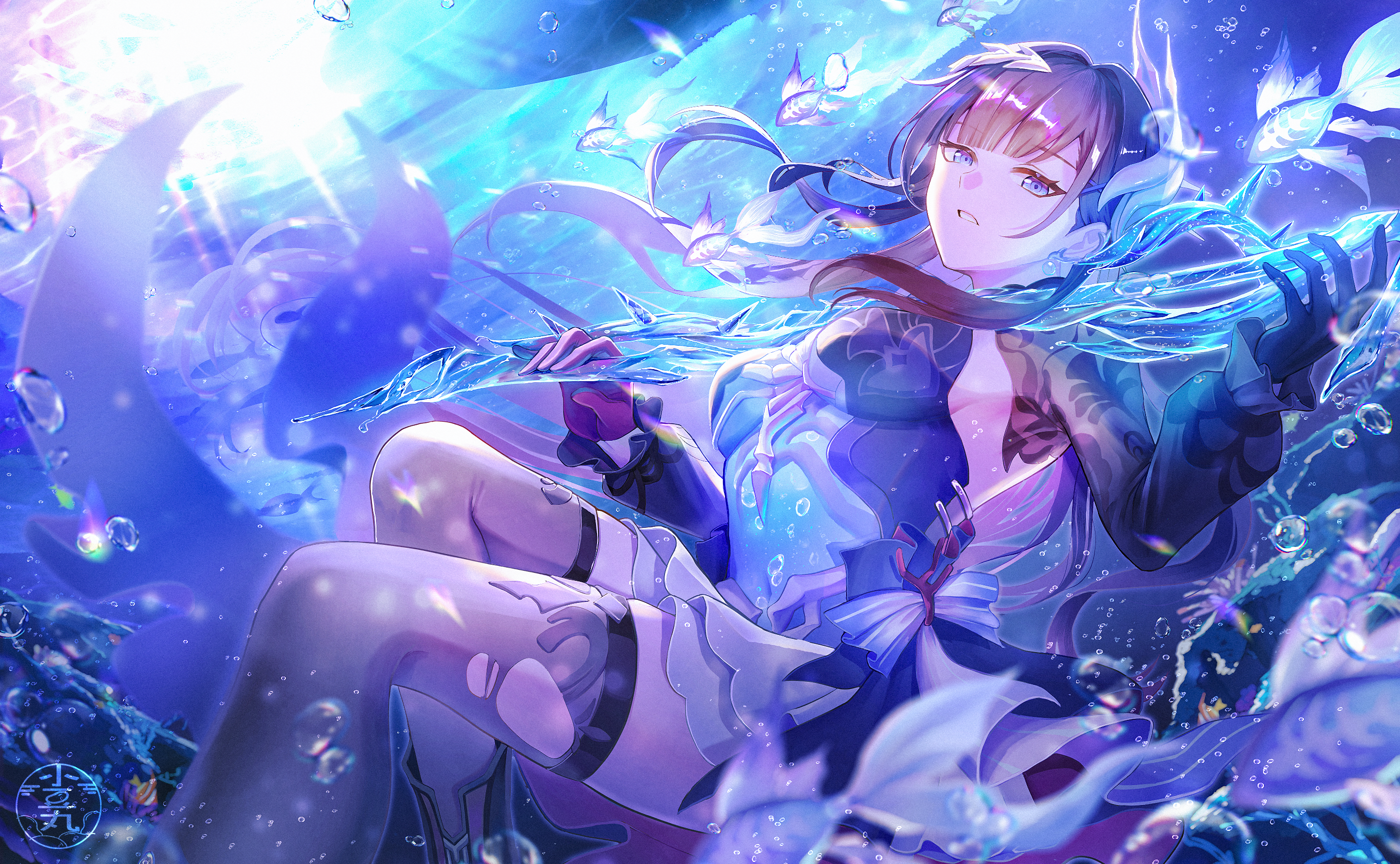 azukimaru, hysilens (honkai: star rail), honkai: star rail, honkai (series), commentary request, highres, 1girl, asymmetrical gloves, black gloves, black hair, black thighhighs, blue dress, blue eyes, breasts, dress, fish, gloves, large breasts, long hair, mismatched gloves, parted lips, partially underwater shot, red gloves, shrug (clothing), sideboob, solo, thighhighs, thighs, torn clothes, torn thighhighs