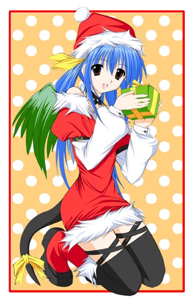 dizzy (guilty gear), arc system works, guilty gear, 1girl, asymmetrical wings, blue hair, bow, christmas, female focus, hat, ribbon, santa costume, santa hat, solo, tail, tail bow, tail ornament, tail ribbon, thighhighs, wings, zettai ryouiki