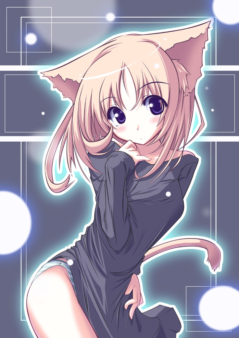 senmu (senmudayo), original, source request, 1girl, animal ears, black dress, blue eyes, cat ears, cat tail, dress, female focus, green panties, leaning forward, panties, pantyshot, pink hair, solo, standing, striped clothes, striped panties, sweater, sweater dress, tail, underwear