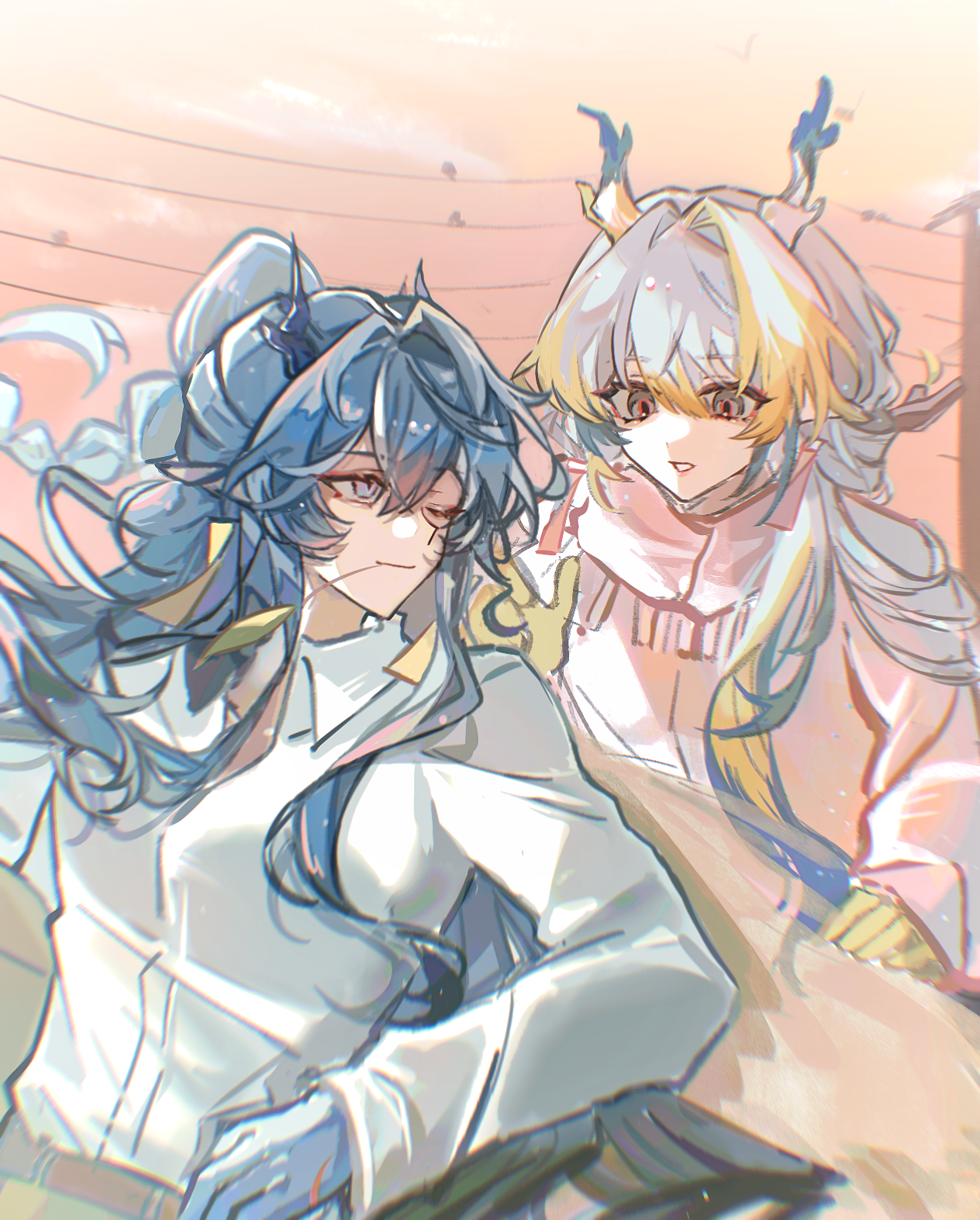 shang ge promax, ling (arknights), shu (arknights), arknights, highres, 2girls, black eyes, blonde hair, blue hair, chromatic aberration, closed mouth, collared shirt, day, dragon girl, dragon horns, green hair, hair between eyes, horns, jacket, light particles, long hair, long sleeves, looking at another, mouth hold, multicolored hair, multiple girls, one eye closed, outdoors, parted lips, pink eyes, power lines, scarf, shirt, siblings, sisters, smile, white hair, white jacket, white scarf, white shirt