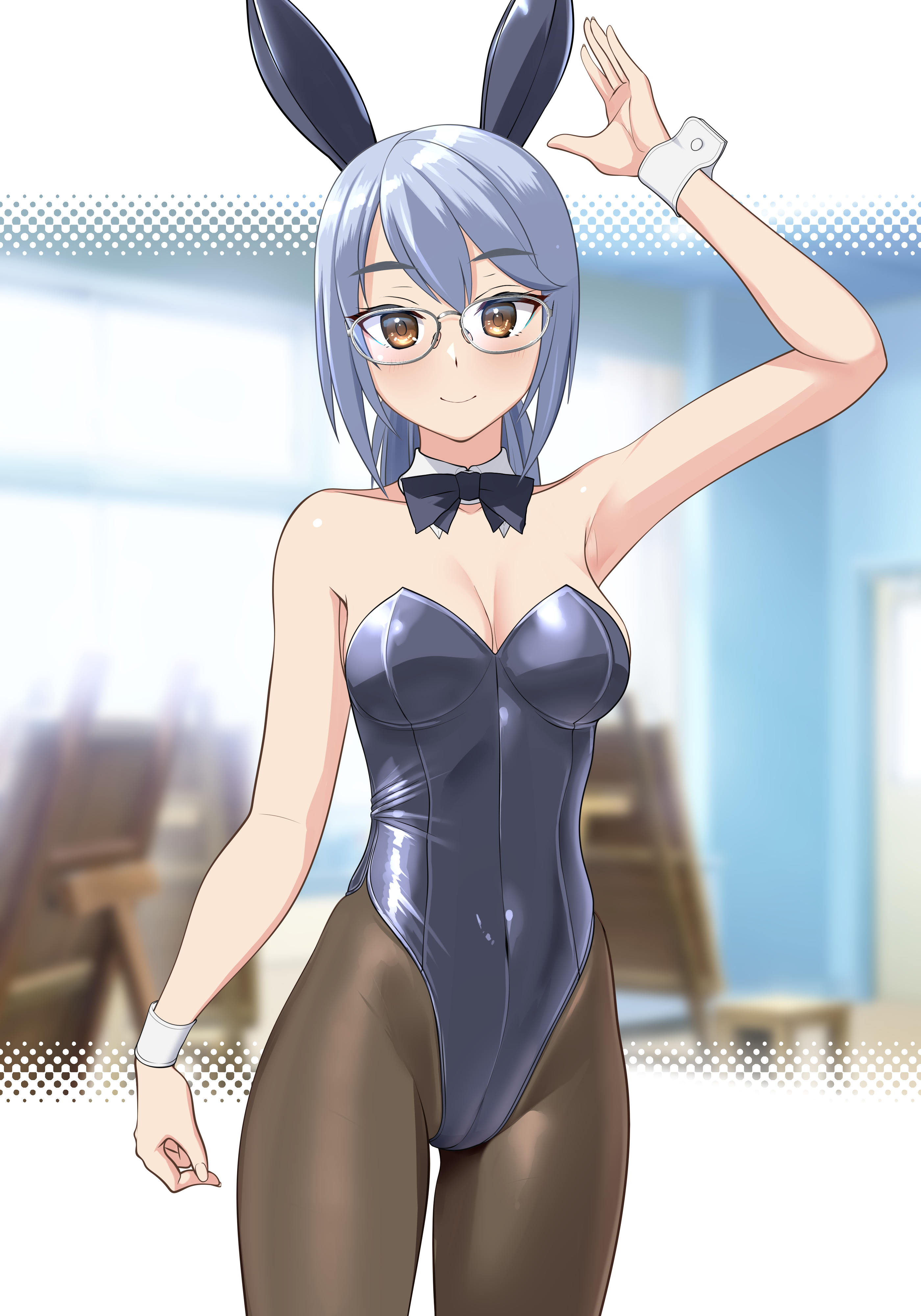 takafumi, original, absurdres, commentary request, highres, variant set, 1girl, animal ear hairband, animal ears, black bow, black bowtie, black leotard, black pantyhose, bow, bowtie, brown eyes, bunny day, chair, covered navel, cowboy shot, detached collar, fake animal ears, glasses, grey hair, hairband, highleg, highleg leotard, indoors, leotard, looking at viewer, pantyhose, playboy bunny, rabbit ears, short hair, sitting, solo, strapless, strapless leotard, wrist cuffs