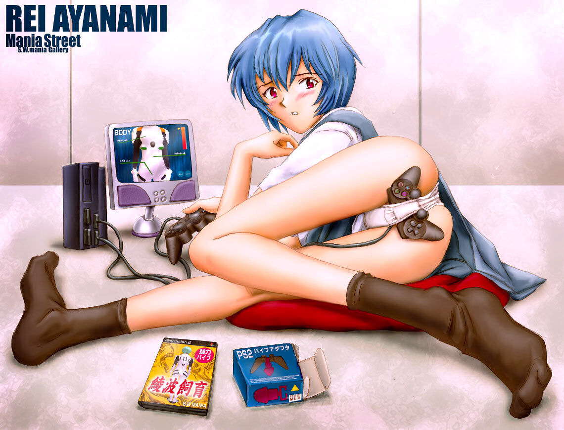 mania street, ayanami rei, neon genesis evangelion, black legwear, bent over, blue hair, controller, controller masturbation, game controller, gamepad, gamepad vibrator, lying, on side, panties, pantyshot, playing games, playstation 2, red eyes, school uniform, serafuku, short hair, socks, underwear, upskirt, vibrator, video game, white panties