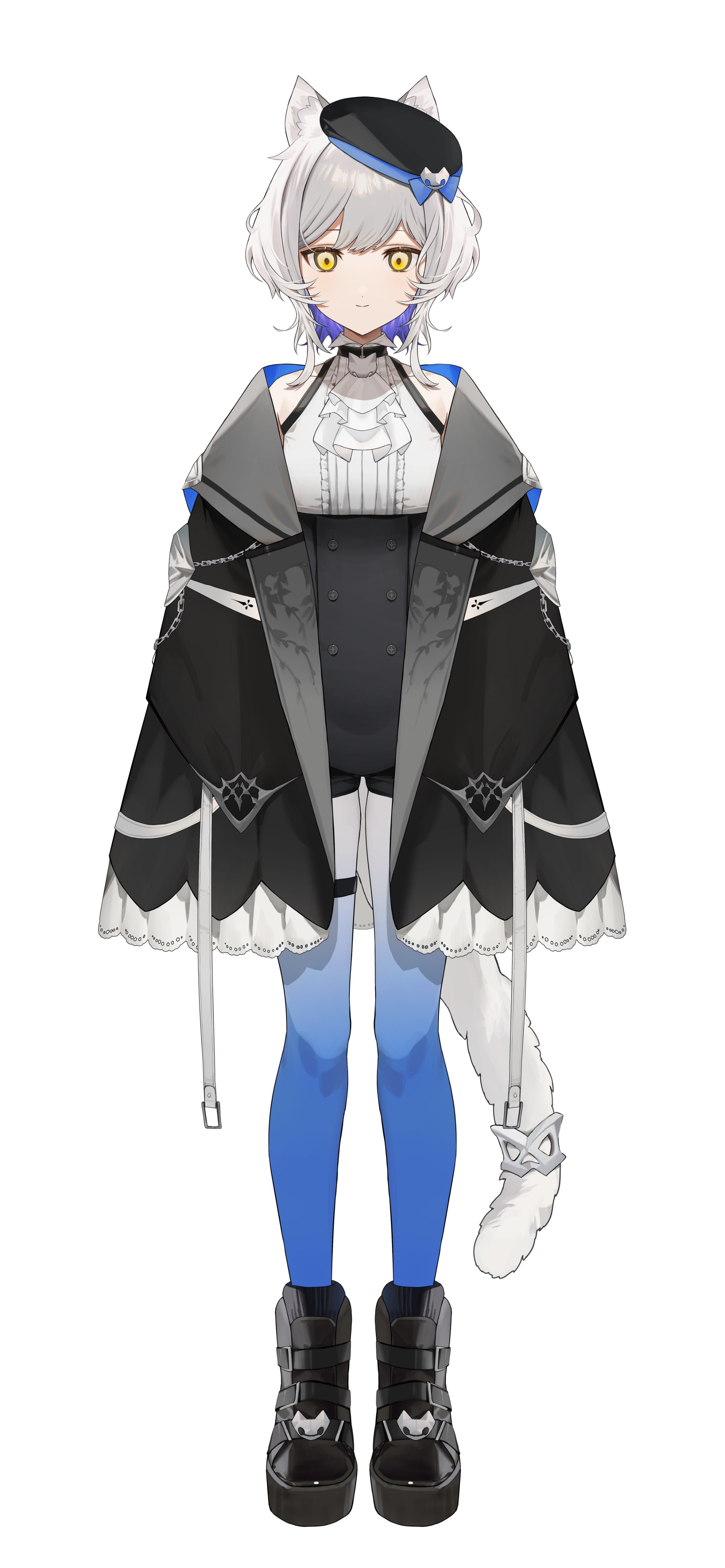 mayutsuba mono, indie virtual youtuber, absurdres, highres, 1girl, animal ear fluff, animal ears, ascot, bare shoulders, beret, black boots, black hat, black jacket, boots, breasts, cat ears, cat tail, closed mouth, full body, grey hair, hat, jacket, large breasts, looking at viewer, madono nero, medium hair, open clothes, open jacket, shirt, simple background, sleeveless, sleeveless shirt, solo, standing, tachi-e, tail, virtual youtuber, white ascot, white background, white shirt, yellow eyes
