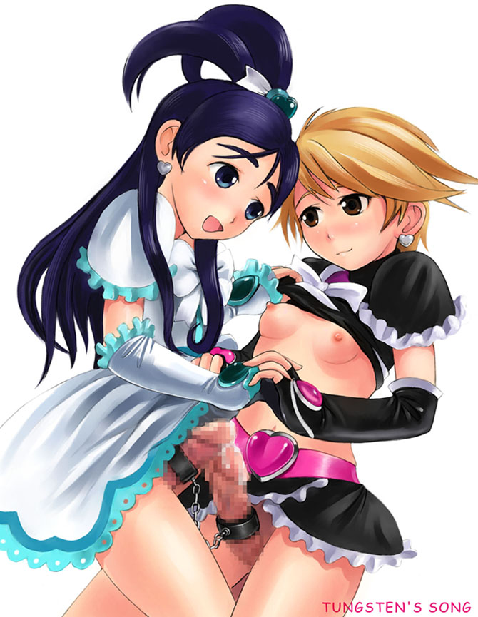 mimura kaoru, cure black, cure white, misumi nagisa, yukishiro honoka, futari wa precure, precure, 00s, 2futa, bdsm, bondage, bound, bound together, breasts, brown eyes, brown hair, censored, chain, clothes lift, cock ring, earrings, elbow gloves, futa with futa, futanari, futasub, gloves, half updo, jewelry, long hair, magical girl, midriff, mosaic censoring, multiple futa, nipples, penis, penis ornament, penises touching, precum, purple eyes, purple hair, sex toy, shirt lift, short hair, small breasts