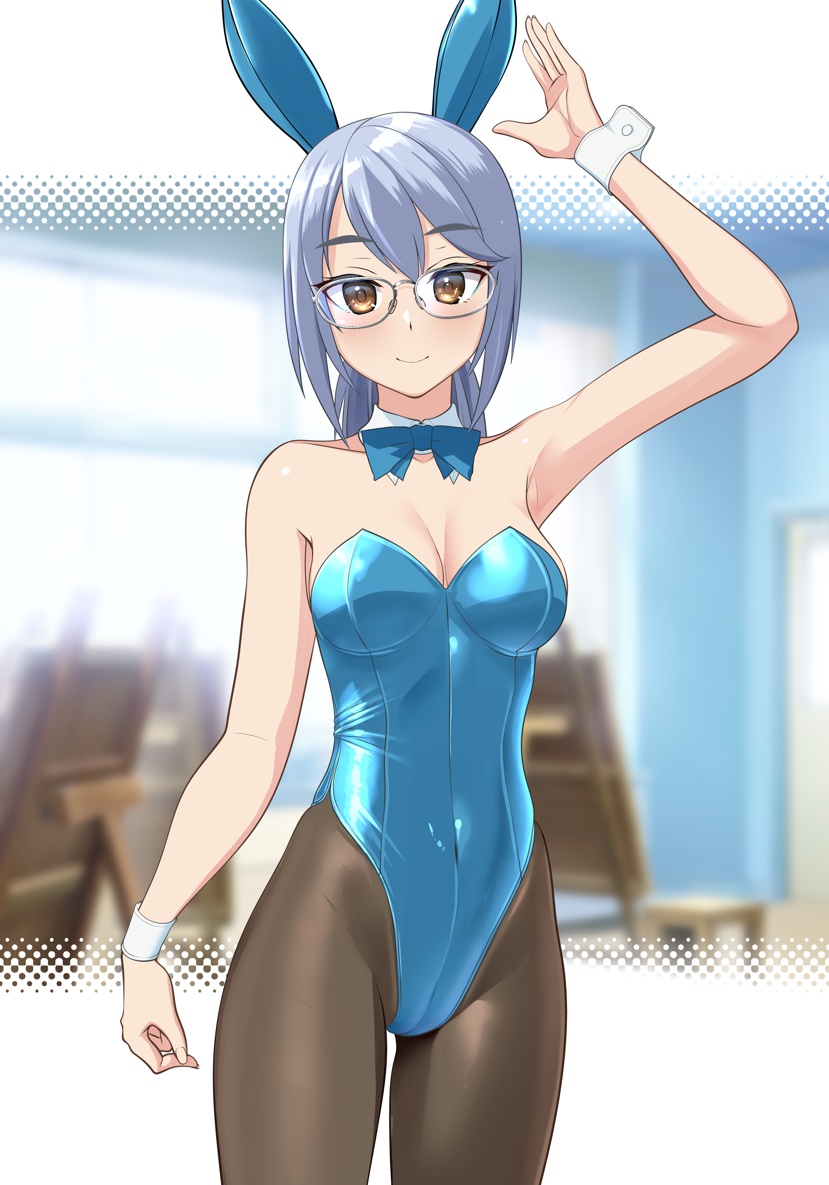 takafumi, original, absurdres, commentary request, highres, variant set, 1girl, animal ear hairband, animal ears, black bow, black pantyhose, blue bow, blue bowtie, blue leotard, bow, bowtie, brown eyes, bunny day, chair, covered navel, cowboy shot, detached collar, fake animal ears, glasses, grey hair, hairband, highleg, highleg leotard, indoors, leotard, looking at viewer, pantyhose, playboy bunny, rabbit ears, short hair, sitting, solo, strapless, strapless leotard, wrist cuffs