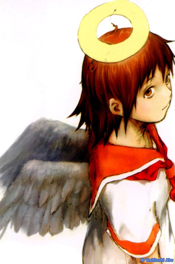 abe yoshitoshi, rakka (haibane), haibane renmei, 00s, angel wings, brown eyes, brown hair, english text, halo, looking back, school uniform, serafuku, solo, traditional halo, wings