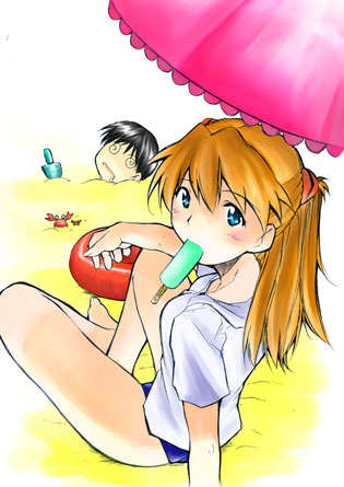 kimigabuchi, ikari shinji, souryuu asuka langley, neon genesis evangelion, lowres, 1boy, 1girl, @ @, arm support, bare legs, beach, buried, crab, crustacean, eating, food, innertube, looking at viewer, looking back, popsicle, sitting, swim ring, swimsuit, umbrella