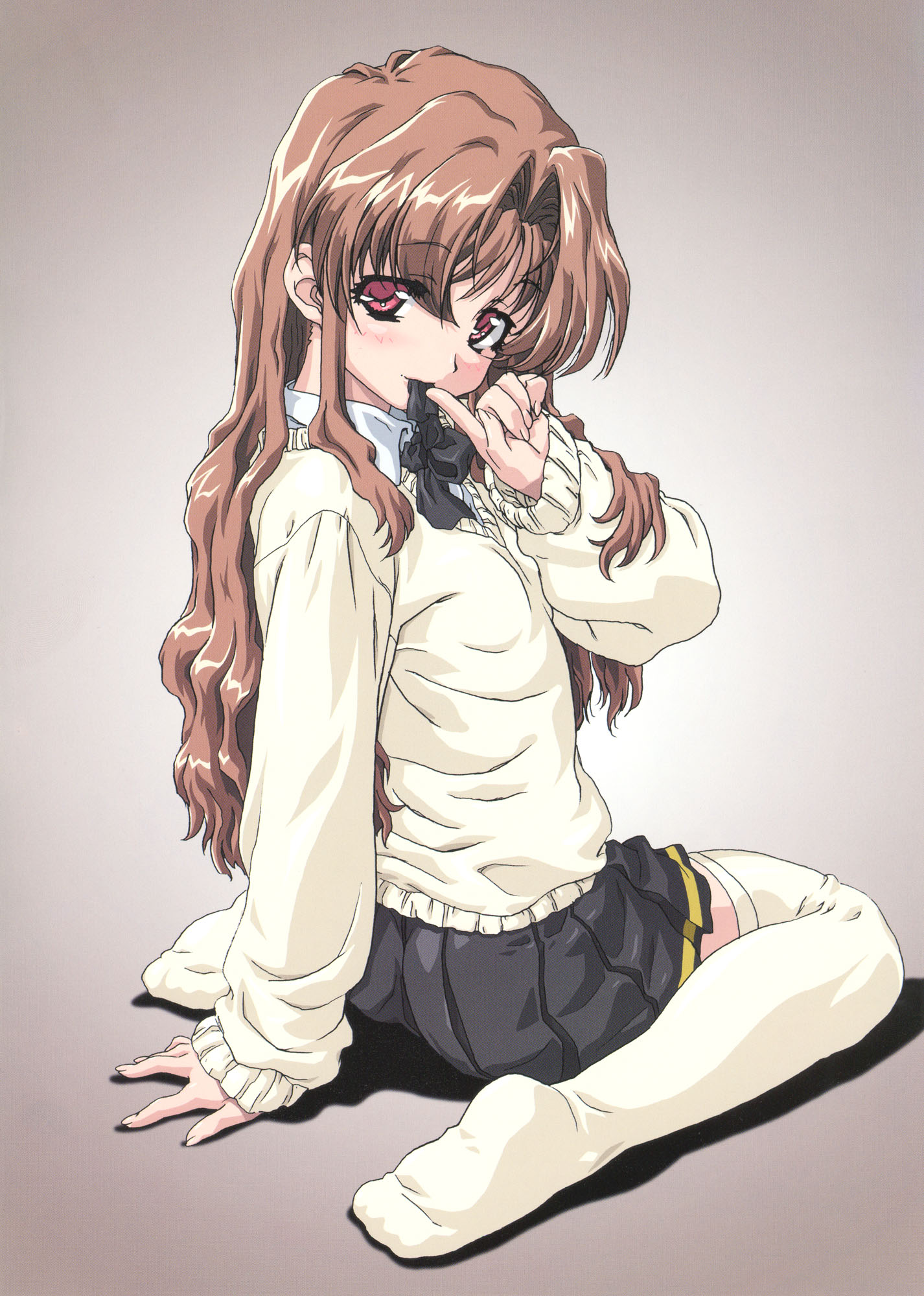 uon taraku, morino ichigo, onegai teacher, highres, official art, scan, 00s, 1girl, arm support, blush, bow, brown hair, feet, female focus, finger to mouth, flat chest, from behind, long hair, long sleeves, looking back, mouth hold, naughty face, pink eyes, pleated skirt, pointing, school uniform, serafuku, shadow, sitting, skirt, sleeves past wrists, solo, sweater, thighhighs, wavy hair, white thighhighs, zettai ryouiki