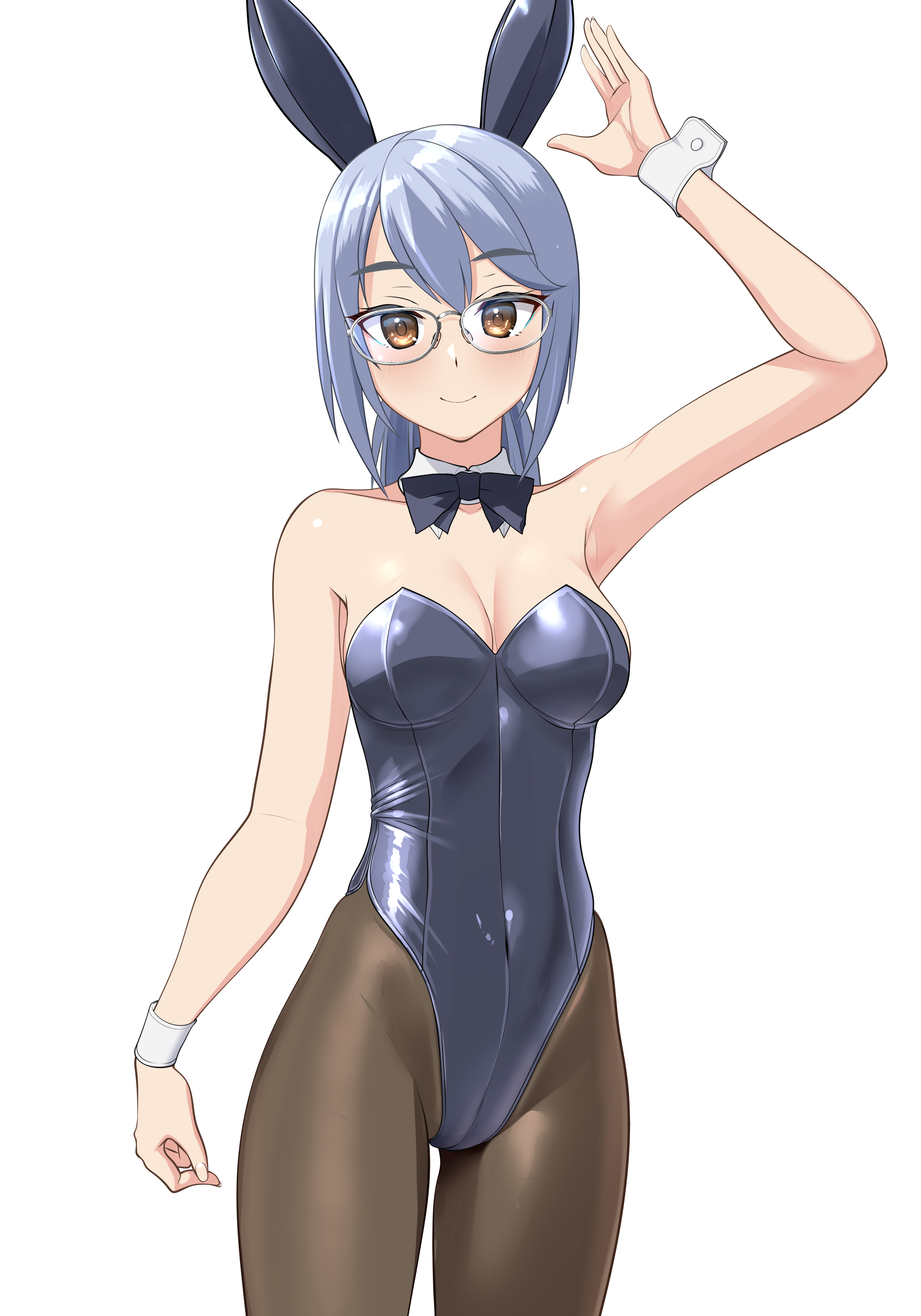 takafumi, original, absurdres, commentary request, highres, variant set, 1girl, animal ear hairband, animal ears, black bow, black bowtie, black leotard, black pantyhose, bow, bowtie, brown eyes, bunny day, covered navel, cowboy shot, detached collar, fake animal ears, glasses, grey hair, hairband, highleg, highleg leotard, leotard, looking at viewer, pantyhose, playboy bunny, rabbit ears, short hair, simple background, sitting, solo, strapless, strapless leotard, white background, wrist cuffs