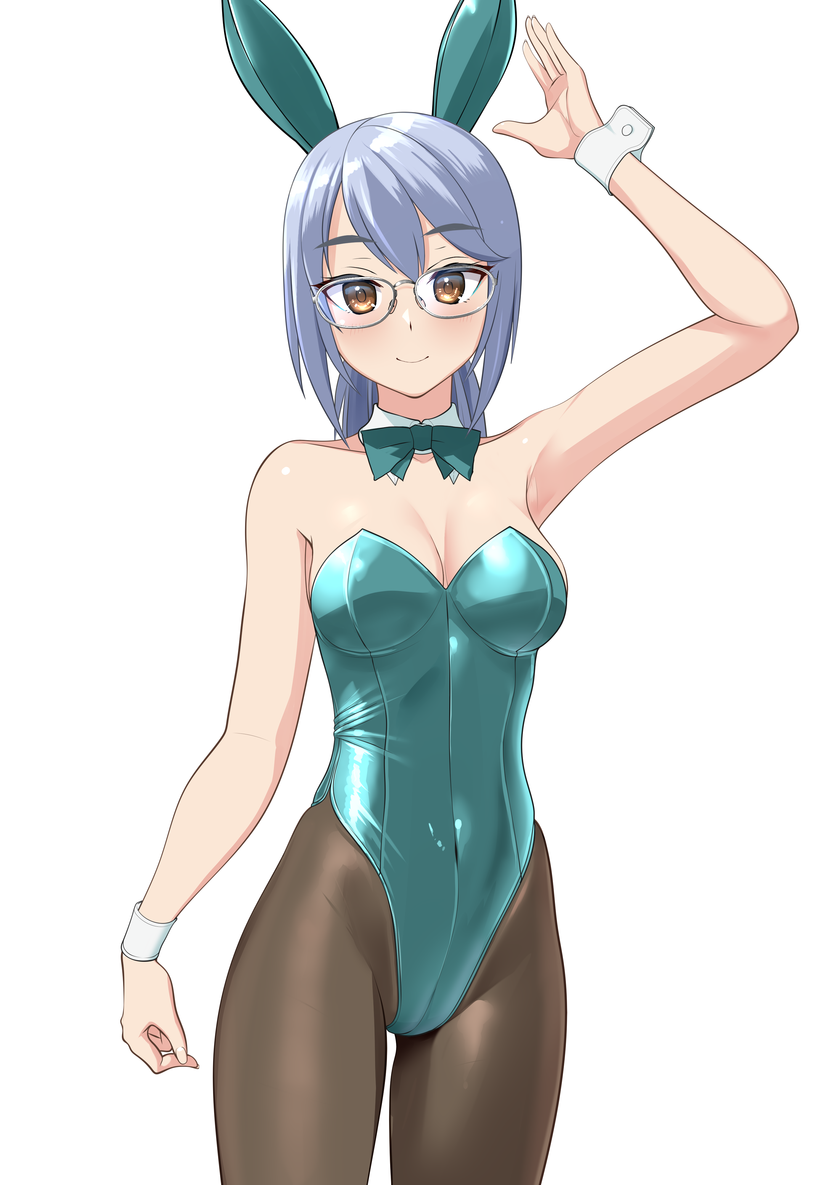 takafumi, original, absurdres, commentary request, highres, variant set, 1girl, animal ear hairband, animal ears, black bow, black pantyhose, bow, bowtie, brown eyes, bunny day, covered navel, cowboy shot, detached collar, fake animal ears, glasses, green bow, green bowtie, green leotard, grey hair, hairband, highleg, highleg leotard, leotard, looking at viewer, pantyhose, playboy bunny, rabbit ears, short hair, simple background, sitting, solo, strapless, strapless leotard, white background, wrist cuffs