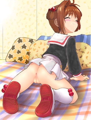 kinomoto sakura, cardcaptor sakura, artist request, lowres, 1990s (style), 1girl, anus, ass, blush, brown hair, closed eyes, female focus, from behind, loli, no panties, pussy, retro artstyle, school uniform, serafuku, short hair, socks, solo, tomoeda elementary school uniform, tomoeda middle school uniform, uncensored