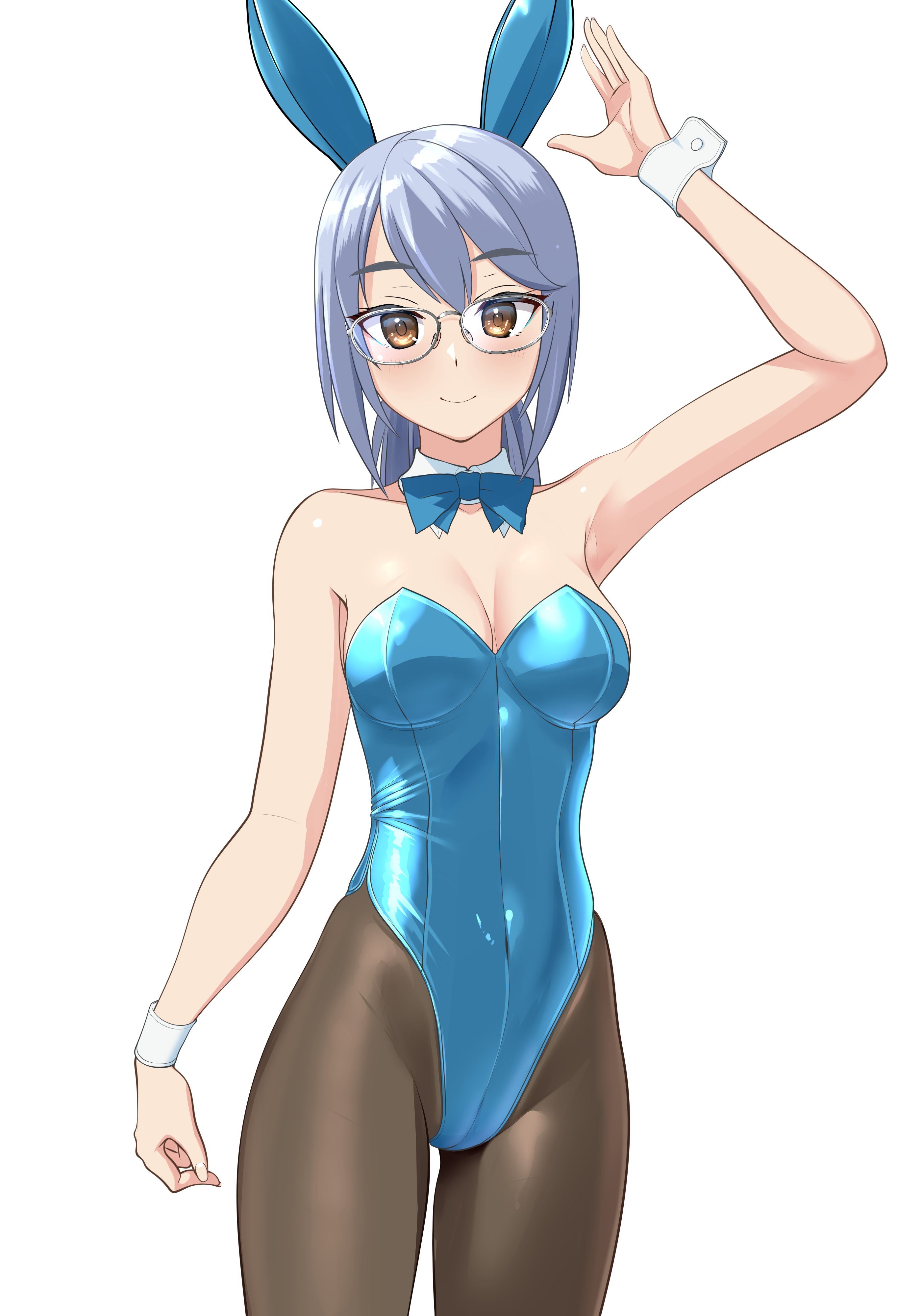 takafumi, original, absurdres, commentary request, highres, variant set, 1girl, animal ear hairband, animal ears, black bow, black pantyhose, blue bow, blue bowtie, blue leotard, bow, bowtie, brown eyes, bunny day, covered navel, cowboy shot, detached collar, fake animal ears, glasses, grey hair, hairband, highleg, highleg leotard, leotard, looking at viewer, pantyhose, playboy bunny, rabbit ears, short hair, simple background, sitting, solo, strapless, strapless leotard, white background, wrist cuffs