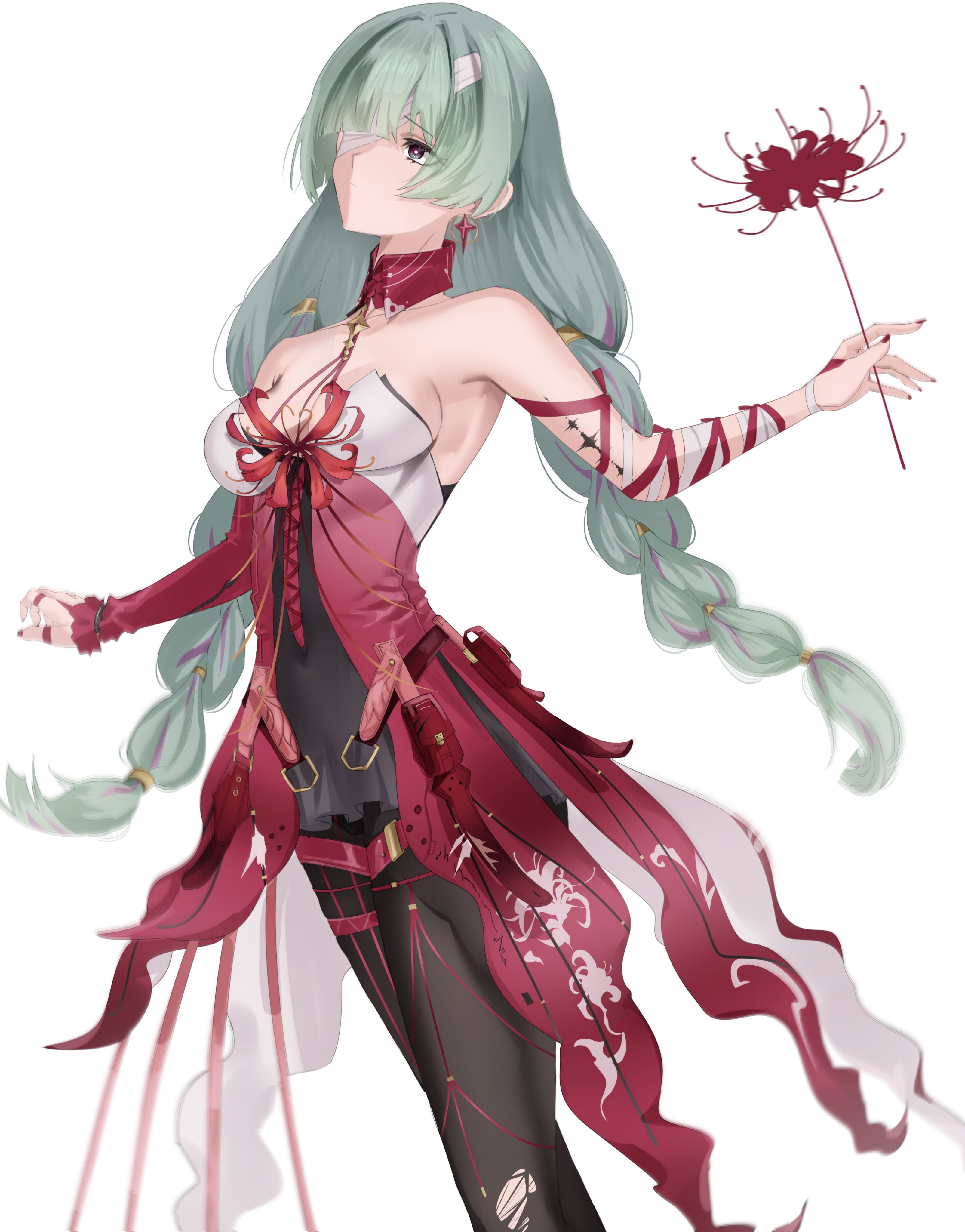 trixie (trixiex33), phrolova (wuthering waves), wuthering waves, absurdres, commentary, highres, 1girl, bandage over one eye, bandaged arm, bandages, black pantyhose, black skirt, braid, breasts, closed mouth, dress, earrings, flower, grey eyes, grey hair, halter dress, halterneck, holding, holding flower, jewelry, long hair, low twin braids, medium breasts, multicolored hair, pantyhose, red dress, simple background, skirt, solo, spider lily, streaked hair, tacet mark (wuthering waves), twin braids, white background