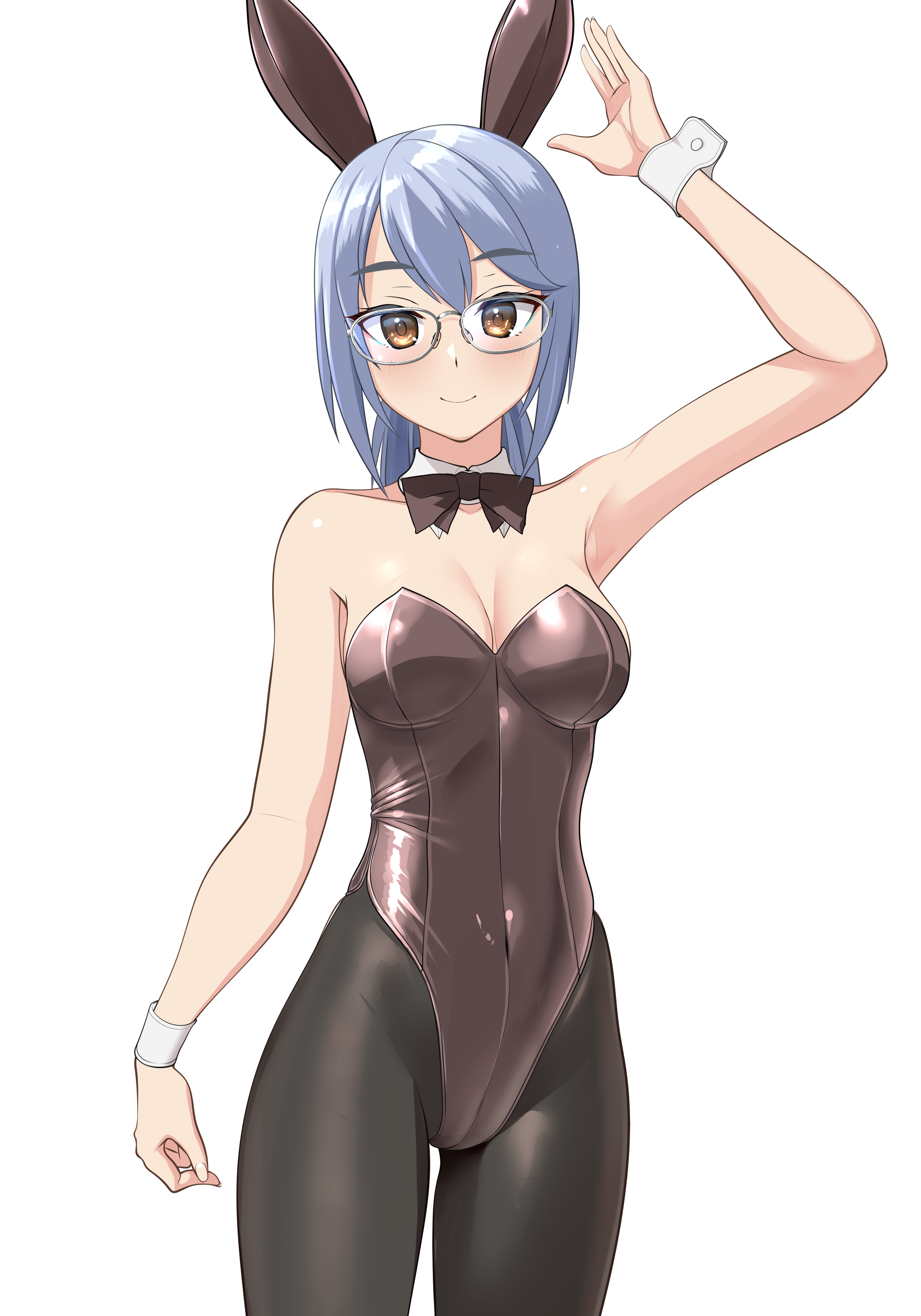 takafumi, original, absurdres, commentary request, highres, variant set, 1girl, animal ear hairband, animal ears, black bow, black pantyhose, bow, bowtie, brown bow, brown bowtie, brown eyes, brown leotard, bunny day, covered navel, cowboy shot, detached collar, fake animal ears, glasses, grey hair, hairband, highleg, highleg leotard, leotard, looking at viewer, pantyhose, playboy bunny, rabbit ears, short hair, simple background, sitting, solo, strapless, strapless leotard, white background, wrist cuffs