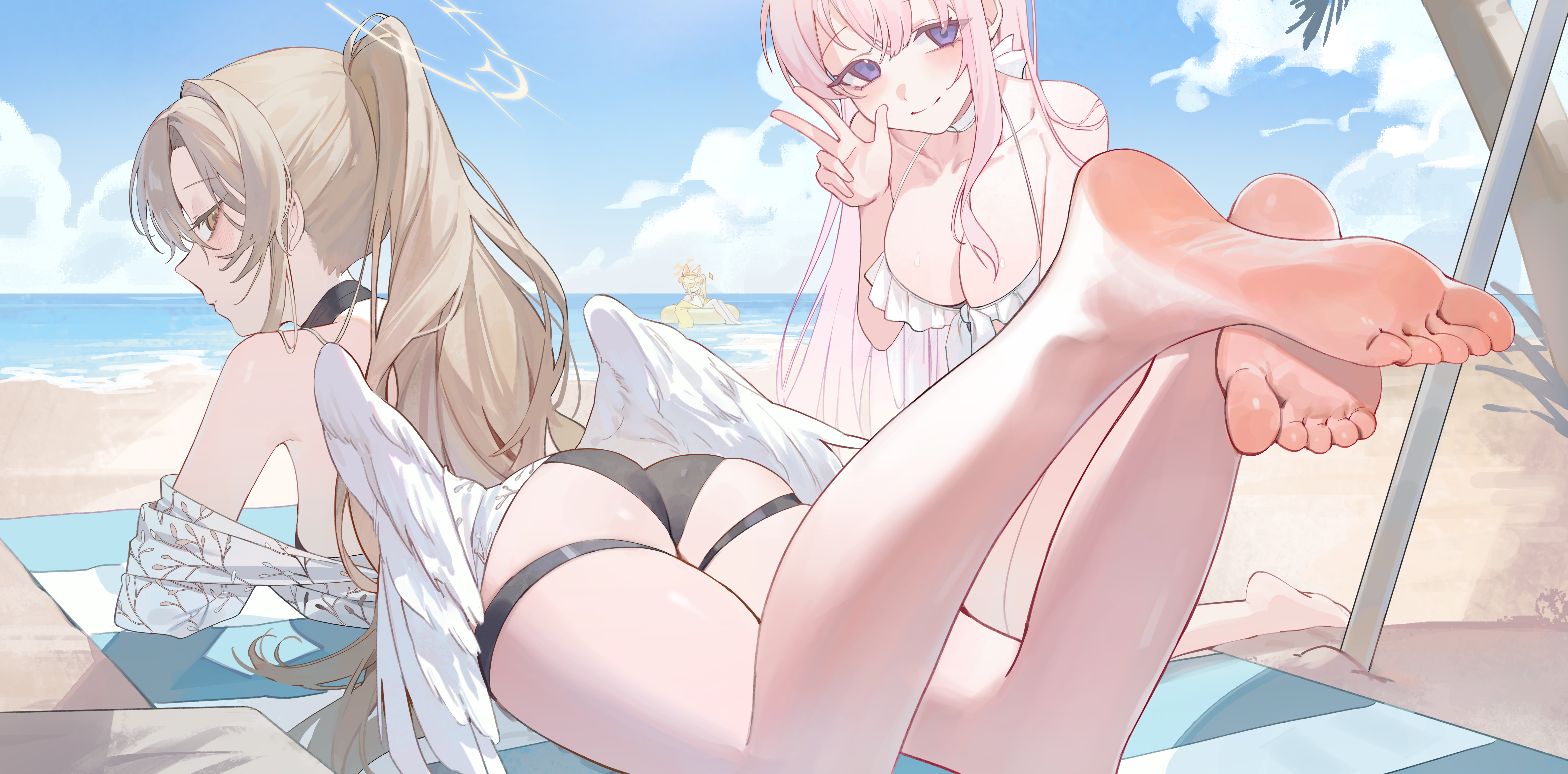 may.l, mika (blue archive), mika (swimsuit) (blue archive), nagisa (blue archive), nagisa (swimsuit) (blue archive), seia (blue archive), seia (swimsuit) (blue archive), blue archive, absurdres, highres, 3girls, animal ears, barefoot, beach, blonde hair, blush, feet, innertube, long hair, looking at viewer, looking back, lying, multiple girls, on stomach, pink hair, ponytail, purple eyes, side ponytail, smile, soles, swim ring, swimsuit, toes, v, wings, yellow eyes