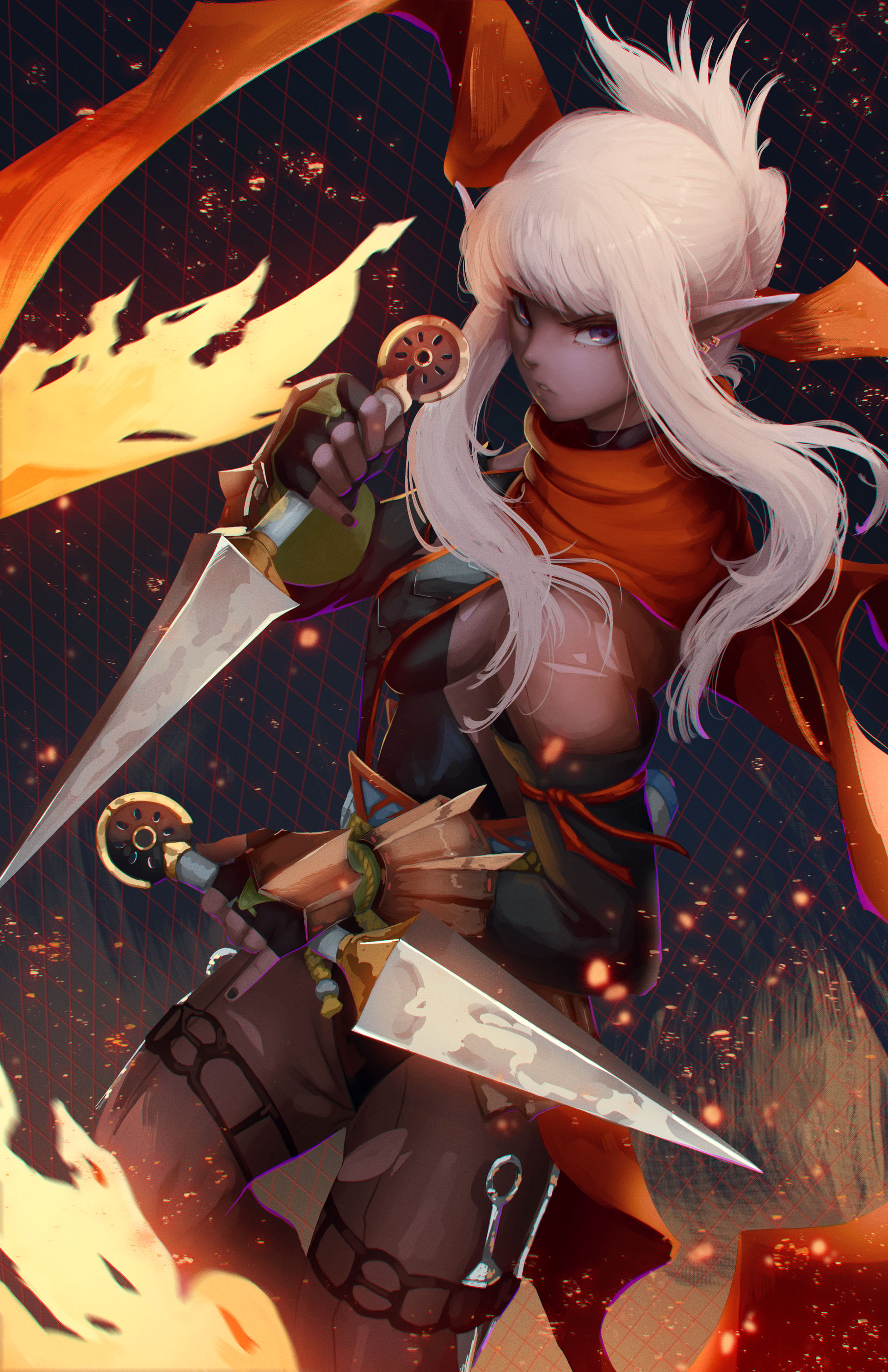 kunoichi (dungeon and fighter), thief (dungeon and fighter), dnf duel, dungeon and fighter, highres, 1girl, bare arms, blunt bangs, dark skin, feet out of frame, fire, from above, hair bun, holding, holding weapon, knee up, kunai, leotard, lips, long sidelocks, looking at viewer, parted lips, pointy ears, red scarf, scarf, sidelocks, single hair bun, standing, standing on one leg, v-shaped eyebrows, weapon, white hair