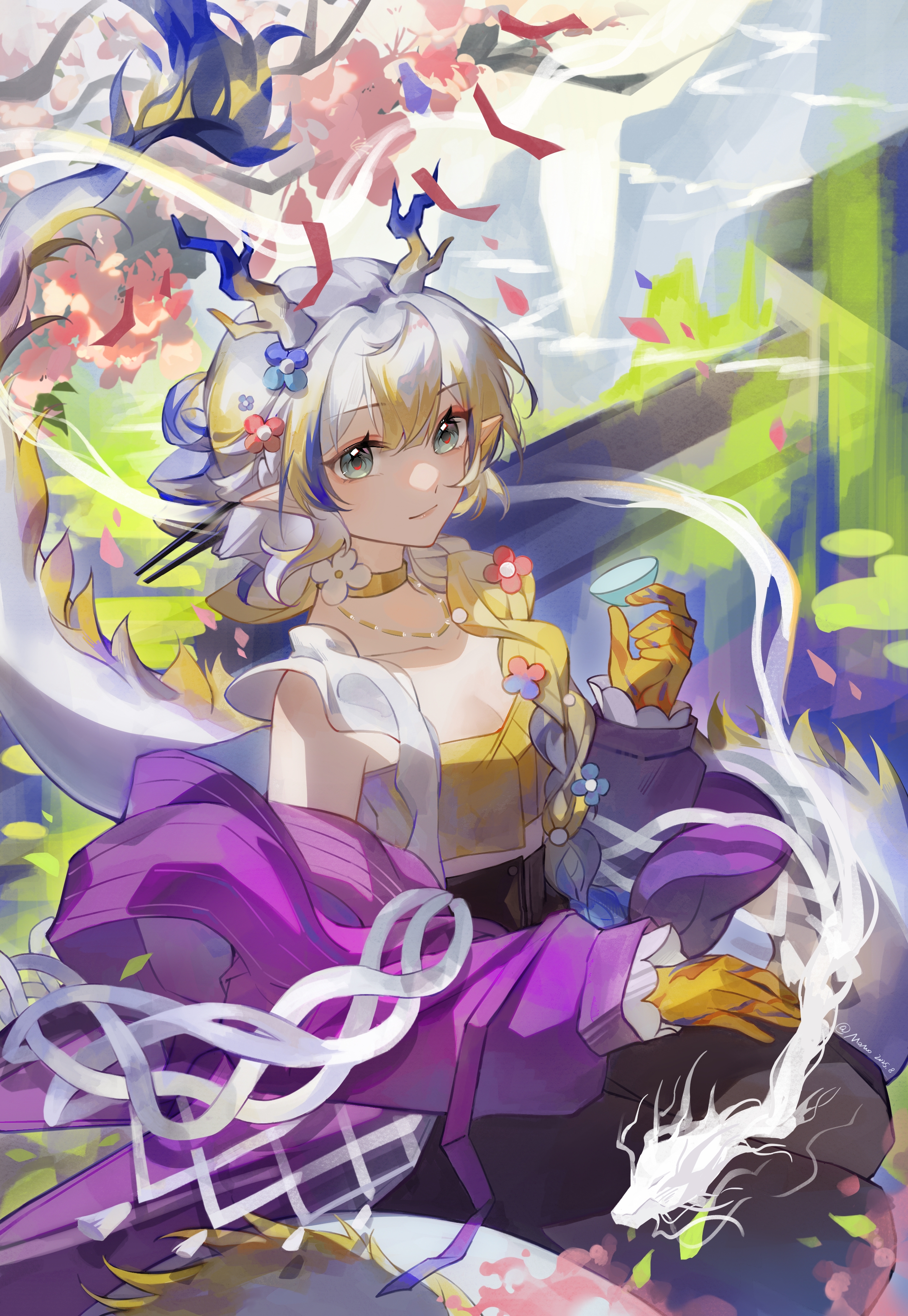 shu (arknights), shu (spring feast) (arknights), arknights, absurdres, chinese commentary, commentary request, highres, 1girl, bare shoulders, blonde hair, blue hair, braid, breasts, camisole, choker, cleavage, closed mouth, dragon, dragon girl, dragon horns, dragon tail, drink, eastern dragon, flower, green eyes, grey hair, hair between eyes, hair flower, hair ornament, holding, holding drink, horns, jacket, light smile, long hair, long sleeves, looking at viewer, medium breasts, mo mo (g3579515), multicolored hair, off shoulder, official alternate costume, pointy ears, purple jacket, sitting, solo, tail, yellow camisole, yellow choker