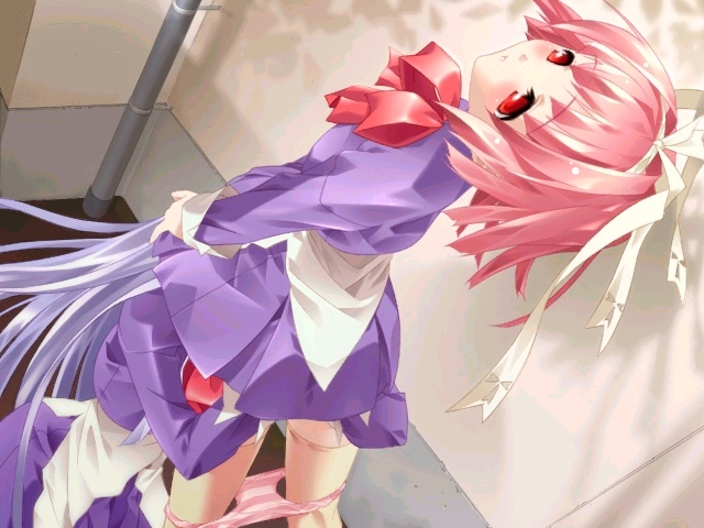 mizukimaru, hasumi madoka, kikukawa saria, itazura hime, game cg, 2girls, cunnilingus, female focus, from above, implied cunnilingus, kneeling, maid, multiple girls, oral, panties, panty pull, pink panties, red eyes, ribbon, standing, standing cunnilingus, striped clothes, striped panties, thighhighs, underwear, yuri