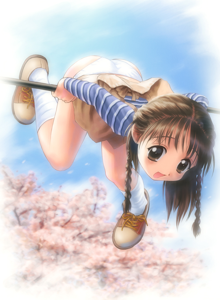 goto p, 1girl, ass, braid, brown eyes, brown hair, dress, female focus, horizontal bar, loli, long hair, long sleeves, panties, pantyshot, pinafore dress, shirt, shoes, skirt, skirt flip, sleeveless, sleeveless dress, socks, solo, striped clothes, striped shirt, twin braids, underwear, upskirt, white panties