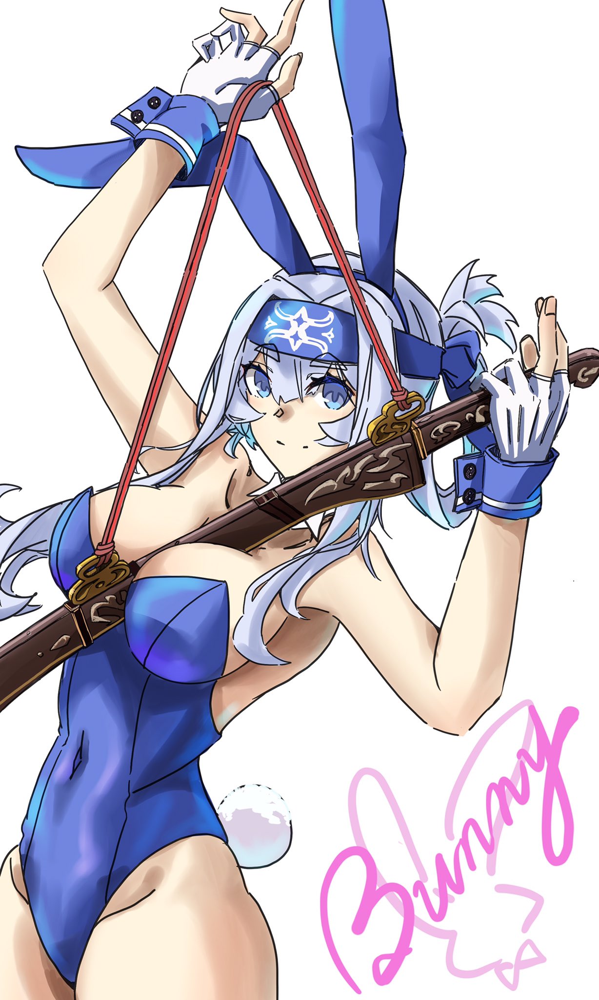 tonke, kamoi (kancolle), kantai collection, highres, 1girl, animal ear hairband, animal ears, bare shoulders, blue eyes, blue leotard, blush, bow, bowtie, breasts, bunny day, cleavage, covered navel, cowboy shot, detached collar, fake animal ears, folded ponytail, gloves, hair between eyes, hairband, headband, holding, holding weapon, large breasts, leotard, long hair, looking at viewer, partially fingerless gloves, playboy bunny, rabbit ear hairband, rabbit ears, rabbit tail, scabbard, sheath, smile, solo, strapless, strapless leotard, sword between breasts, tail, traditional bowtie, weapon, white background, white gloves, white hair, wrist cuffs