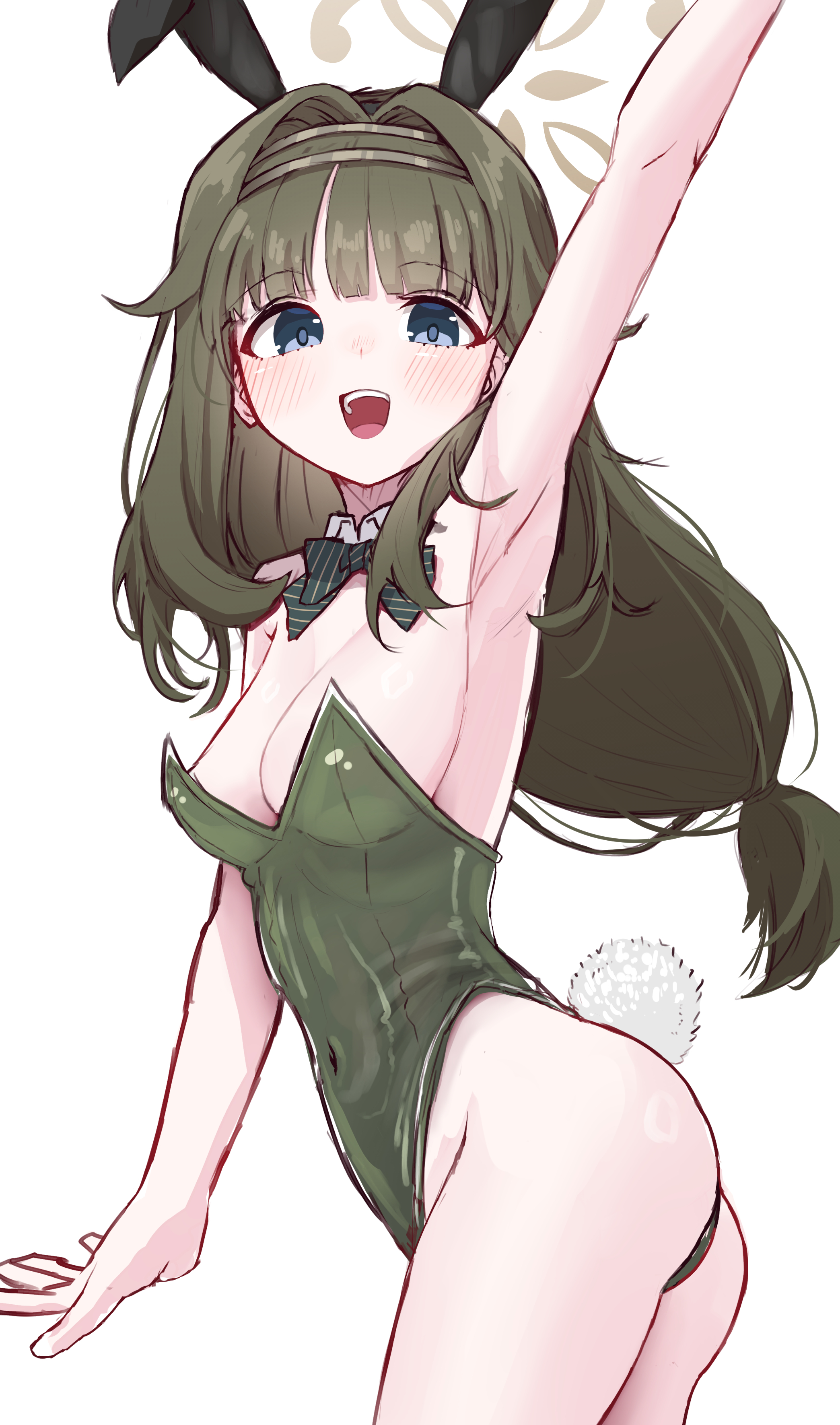 take-run-atelier, tsumugi (blue archive), blue archive, absurdres, highres, 1girl, alternate costume, animal ear hairband, animal ears, armpits, ass, bare arms, bare shoulders, blue eyes, blush, bow, breasts, brown halo, detached collar, diagonal-striped bow, fake animal ears, fake tail, green bow, green hair, green hairband, green leotard, hair intakes, hairband, halo, highleg, highleg leotard, leotard, long hair, looking at viewer, medium breasts, open mouth, playboy bunny, rabbit ear hairband, rabbit ears, rabbit tail, solo, strapless, strapless leotard, striped bow, tail, teeth, upper teeth only