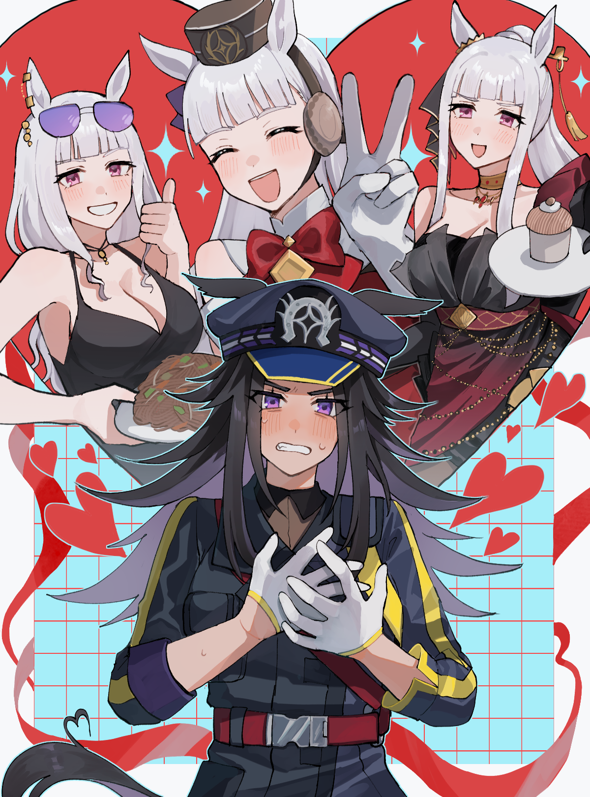 himo (user rzgz5877), fenomeno (umamusume), gold ship (umamusume), umamusume, commentary request, highres, 2girls, animal ears, black hair, black one-piece swimsuit, blunt bangs, blush, breasts, cleavage, ear covers, gloves, grin, hands on own chest, horse ears, horse girl, horse tail, imagining, large breasts, long hair, looking at viewer, multiple girls, multiple views, one-piece swimsuit, open mouth, pillbox hat, pink eyes, purple eyes, smile, sweat, swimsuit, tail, teeth, v, white gloves, white hair