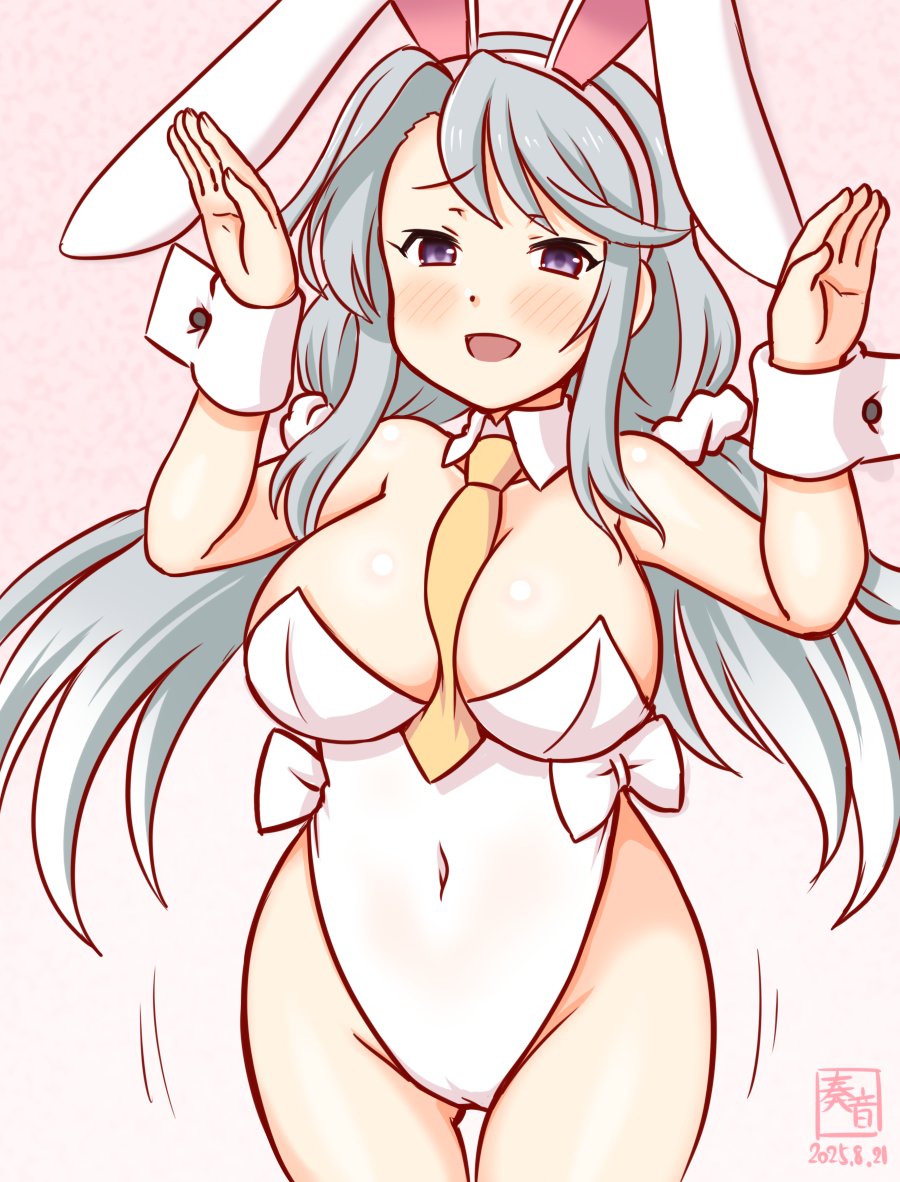 kanon (kurogane knights), sagiri (kancolle), kantai collection, 1girl, alternate breast size (larger), alternate costume, alternate hairstyle, animal ear hairband, animal ears, artist logo, bare legs, between breasts, blush, bow, bowtie, breasts, cowboy shot, dated, detached collar, fake animal ears, gradient background, grey hair, hairband, jumping, large breasts, leotard, logo, long hair, looking at viewer, low twintails, neckerchief, necktie, necktie between breasts, official alternate hairstyle, one-hour drawing challenge, open mouth, pink background, playboy bunny, purple eyes, rabbit ears, rabbit pose, rabbit tail, smile, solo, strapless, strapless leotard, swept bangs, tail, traditional bowtie, twintails, white leotard, wrist cuffs, yellow neckerchief