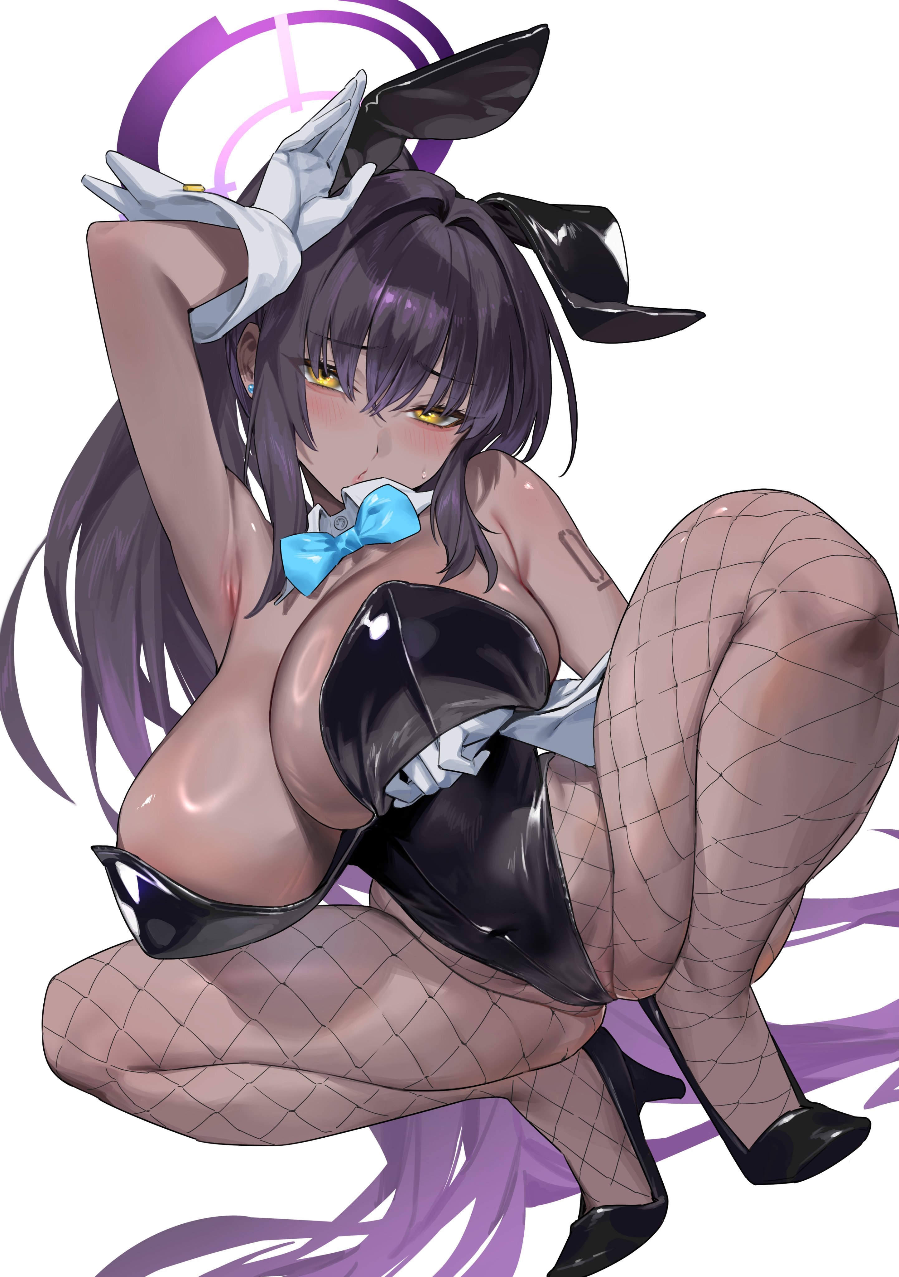 nonco, karin (blue archive), karin (bunny) (blue archive), blue archive, absurdres, commentary request, highres, 1girl, absurdly long hair, animal ears, black hair, black shoes, blue bow, blue bowtie, bow, bowtie, breasts, cleavage, dark-skinned female, dark skin, detached collar, fake animal ears, fishnet pantyhose, fishnets, gloves, gradient hair, halo, large breasts, long hair, looking at viewer, multicolored hair, official alternate costume, pantyhose, purple hair, purple halo, rabbit ears, shoes, simple background, solo, squatting, very long hair, white background, white gloves, yellow eyes