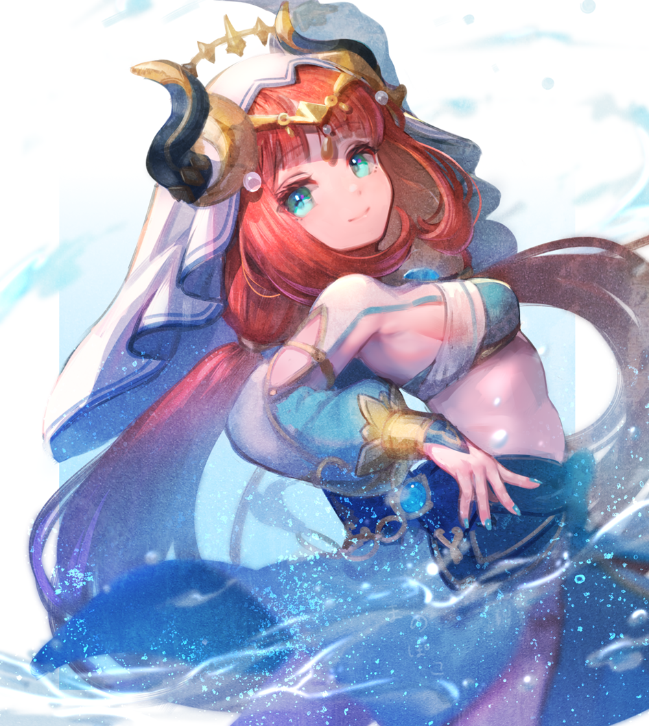 starry babe, nilou (genshin impact), genshin impact, commentary request, partial commentary, 1girl, aqua eyes, arm up, black horns, blue skirt, breasts, closed mouth, cowboy shot, fake horns, from side, harem outfit, horns, long hair, long sleeves, looking at viewer, low twintails, midriff, puffy long sleeves, puffy sleeves, red hair, skirt, small breasts, smile, solo, twintails, veil, white background, white veil