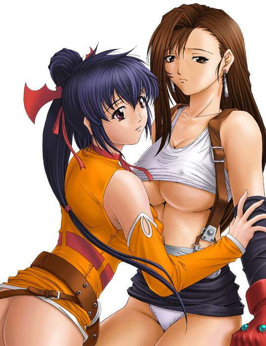 fumizuki misoka, lisa pacifist, tifa lockhart, final fantasy, final fantasy unlimited, final fantasy vii, square enix, 00s, 1990s (style), 2girls, ass, belt, blue hair, breasts, brown eyes, brown hair, camisole, clothes lift, covered erect nipples, detached sleeves, earrings, elbow gloves, gloves, hair ribbon, jewelry, large breasts, long hair, materia, midriff, miniskirt, multiple girls, no bra, no panties, panties, pencil skirt, ponytail, retro artstyle, ribbon, skirt, skirt lift, suspender skirt, suspenders, underboob, underwear, upskirt, white panties, yuri