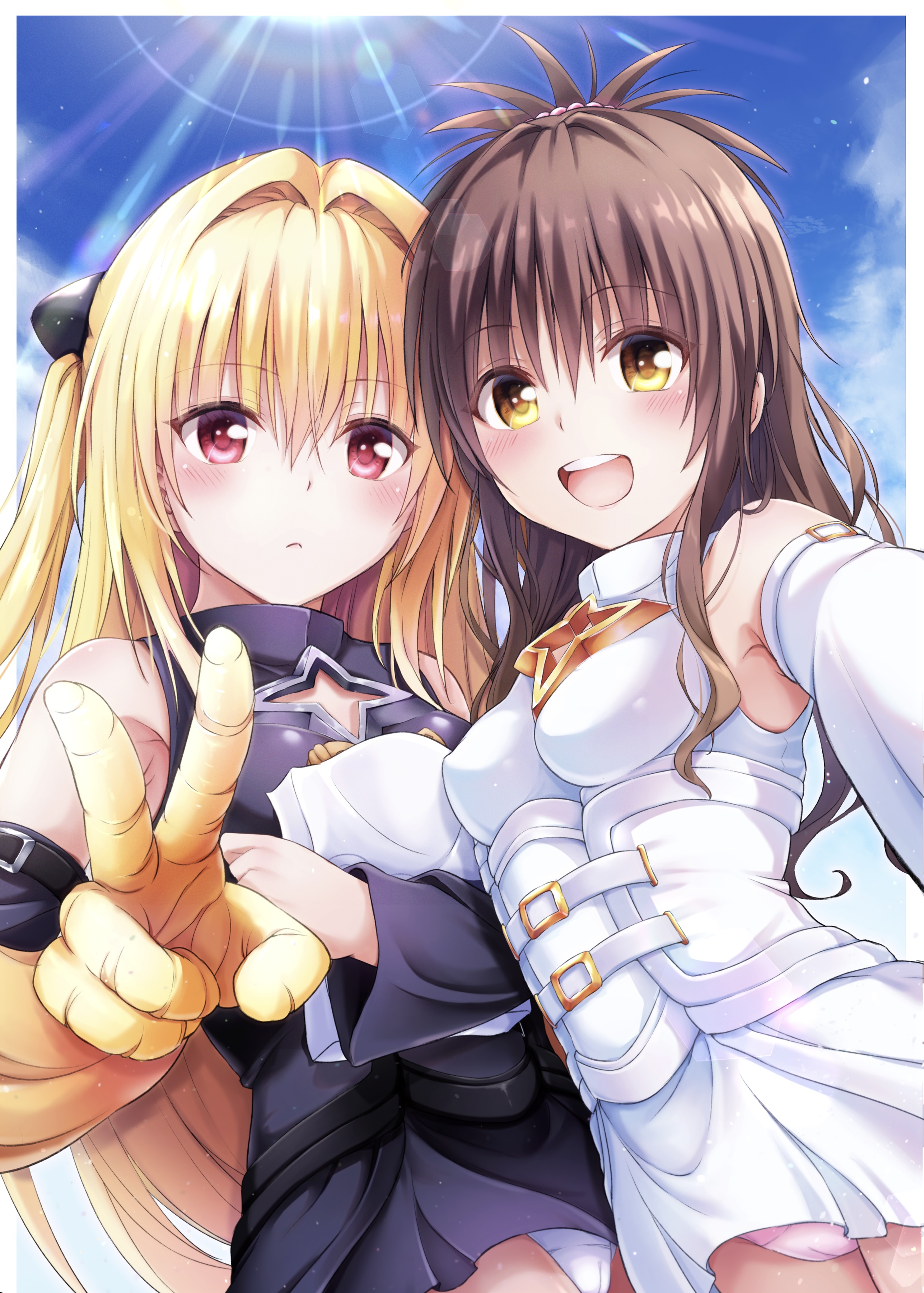 lita illust, konjiki no yami, yuuki mikan, comiket 106, to love-ru, absurdres, commentary request, highres, 2girls, adapted costume, black dress, black sleeves, blonde hair, blush, breasts, brown eyes, brown hair, cameltoe, cleavage cutout, closed mouth, clothing cutout, cosplay, day, detached sleeves, dress, hair bobbles, hair intakes, hair ornament, konjiki no yami (cosplay), lens flare, long hair, looking at viewer, multiple girls, open mouth, panties, pantyshot, pink panties, prehensile hair, red eyes, selfie, short dress, sky, sleeveless, sleeveless dress, small breasts, smile, star cutout, sun, topknot, two side up, underwear, v, very long hair, white dress, white panties, white sleeves, yellow eyes